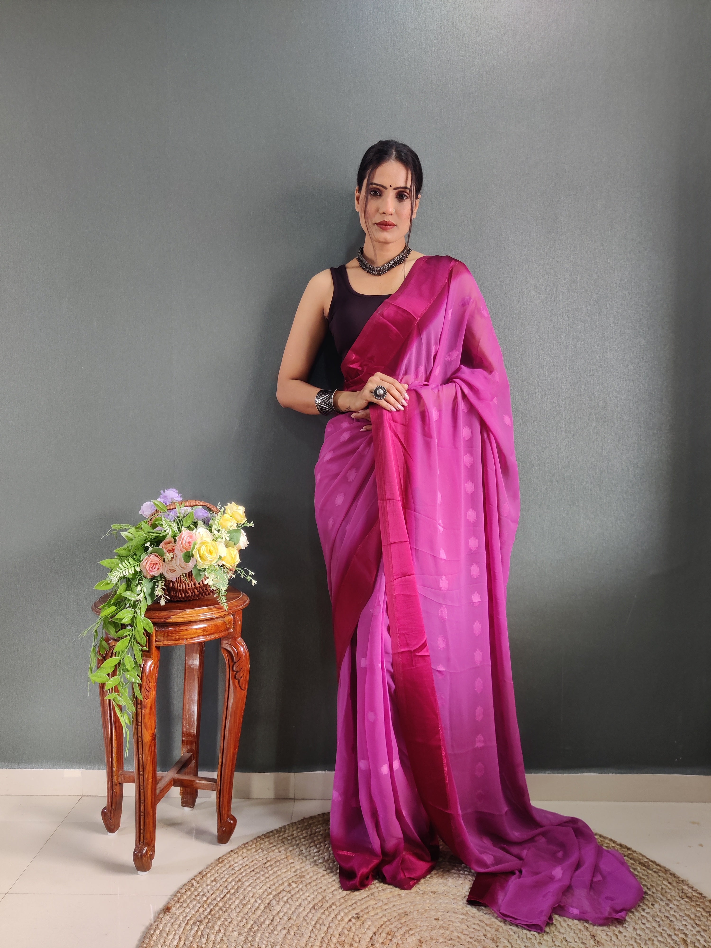 Pending Buti Print One Minute Ready To Wear Pink Saree With Unstiched Blouse