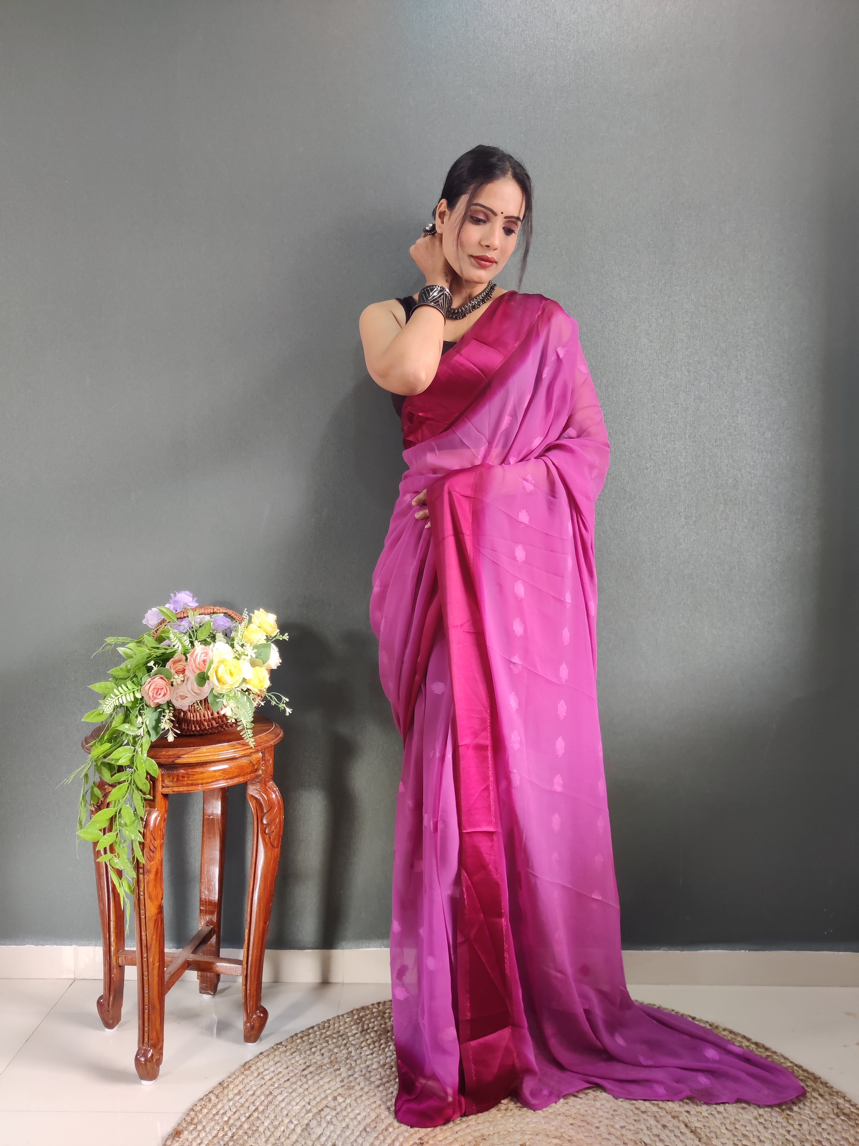 Pending Buti Print One Minute Ready To Wear Pink Saree With Unstiched Blouse