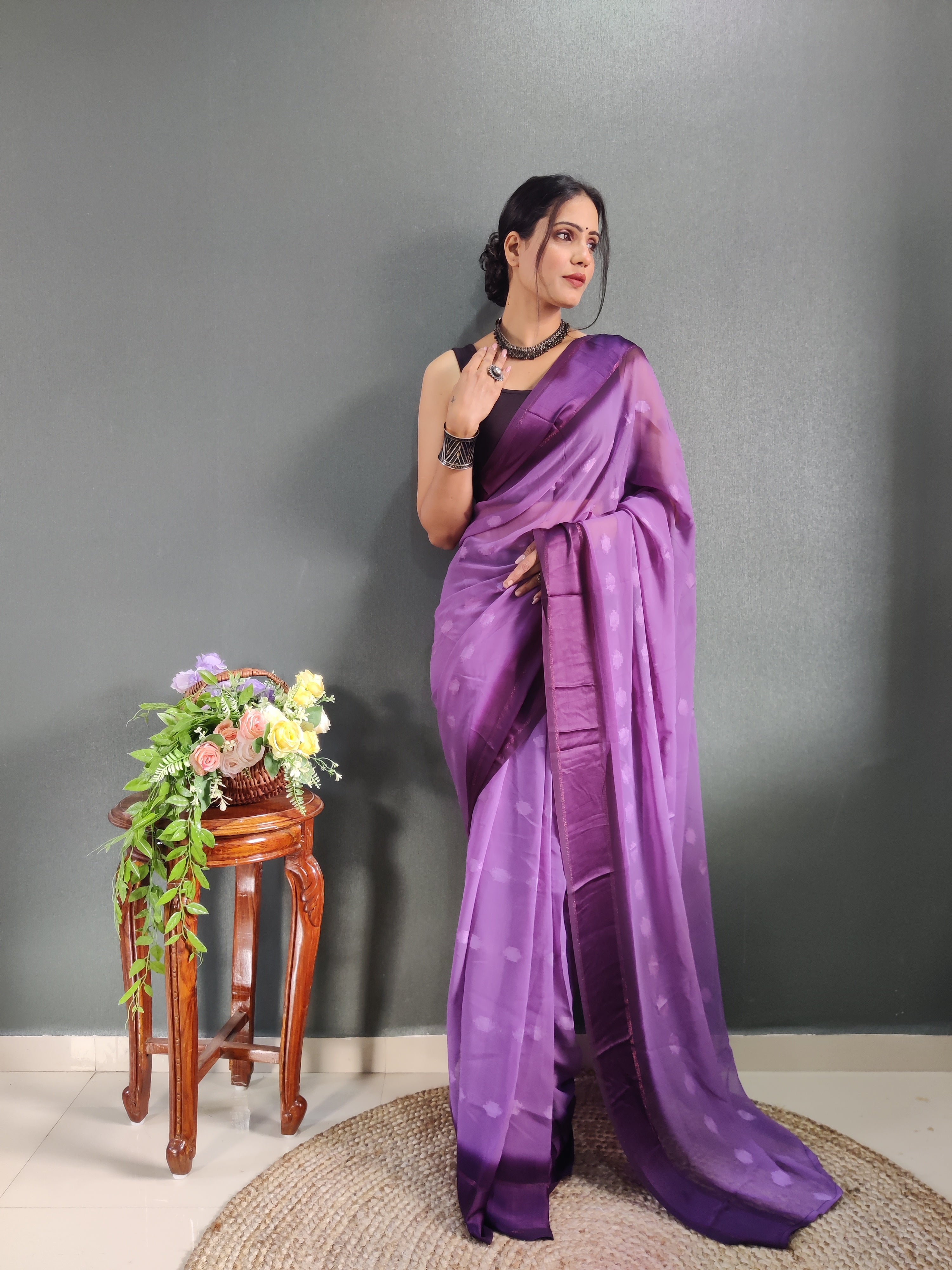 Pending Buti Print One Minute Ready To Wear Purple Saree With Unstiched Blouse