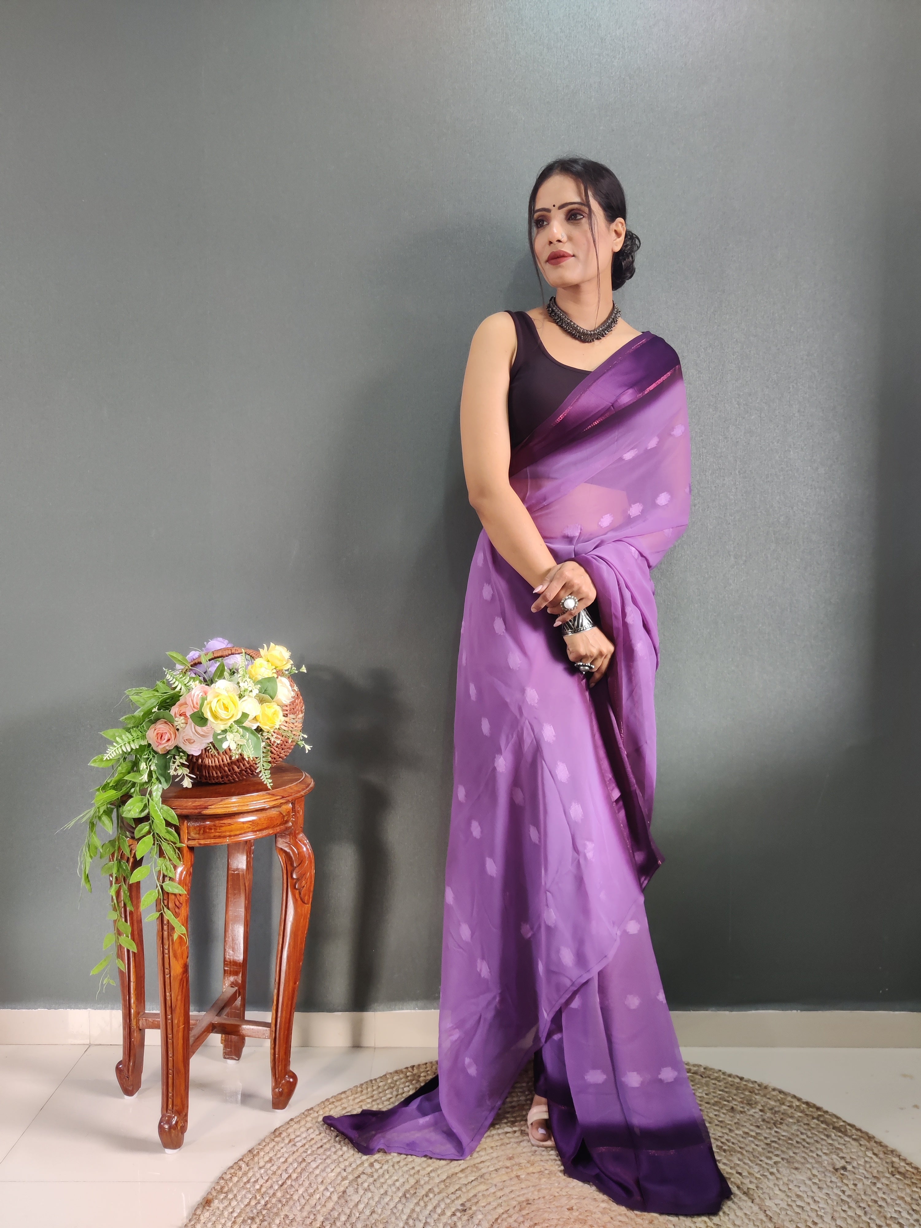 Pending Buti Print One Minute Ready To Wear Purple Saree With Unstiched Blouse