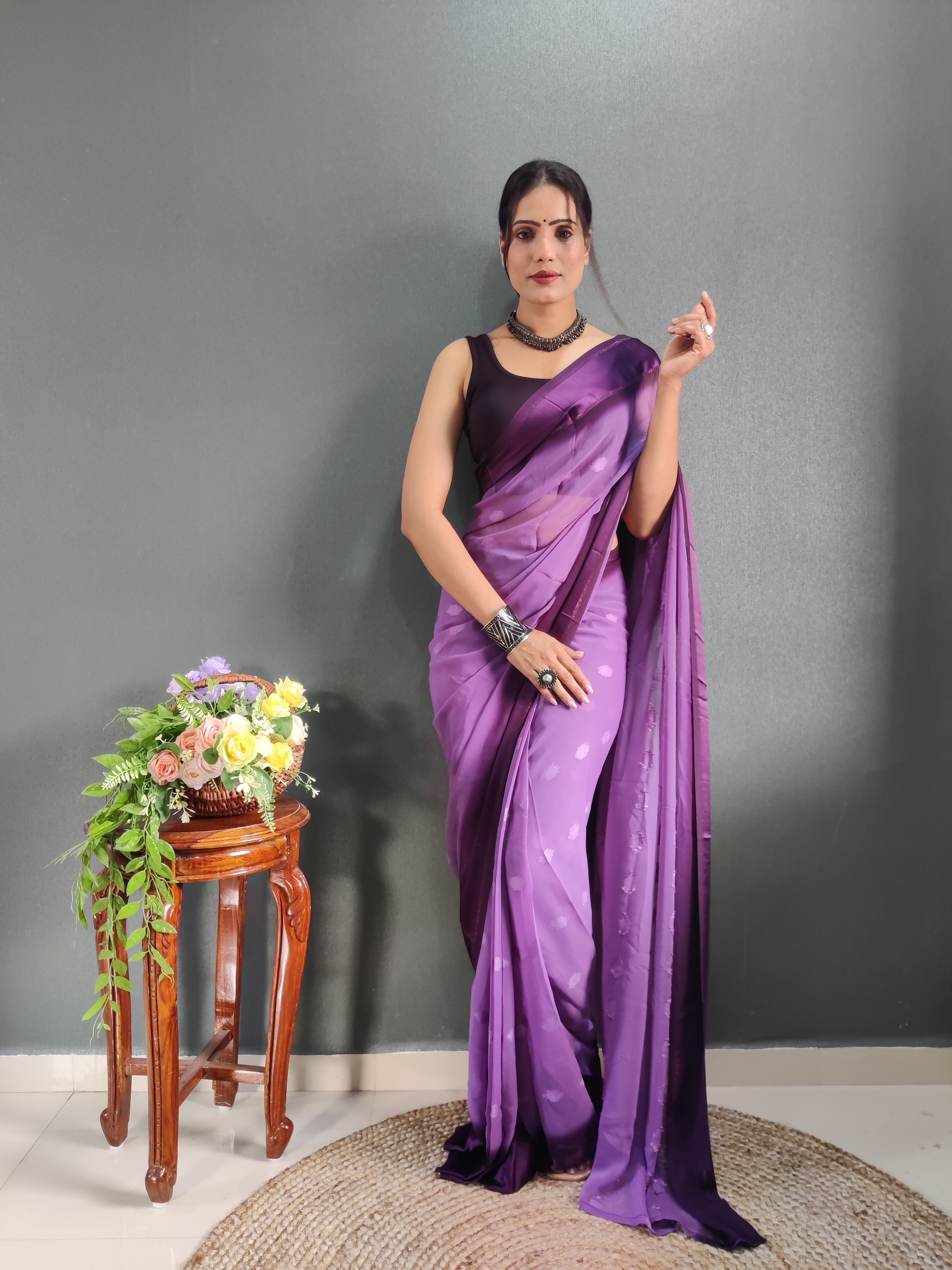 Pending Buti Print One Minute Ready To Wear Purple Saree With Unstiched Blouse