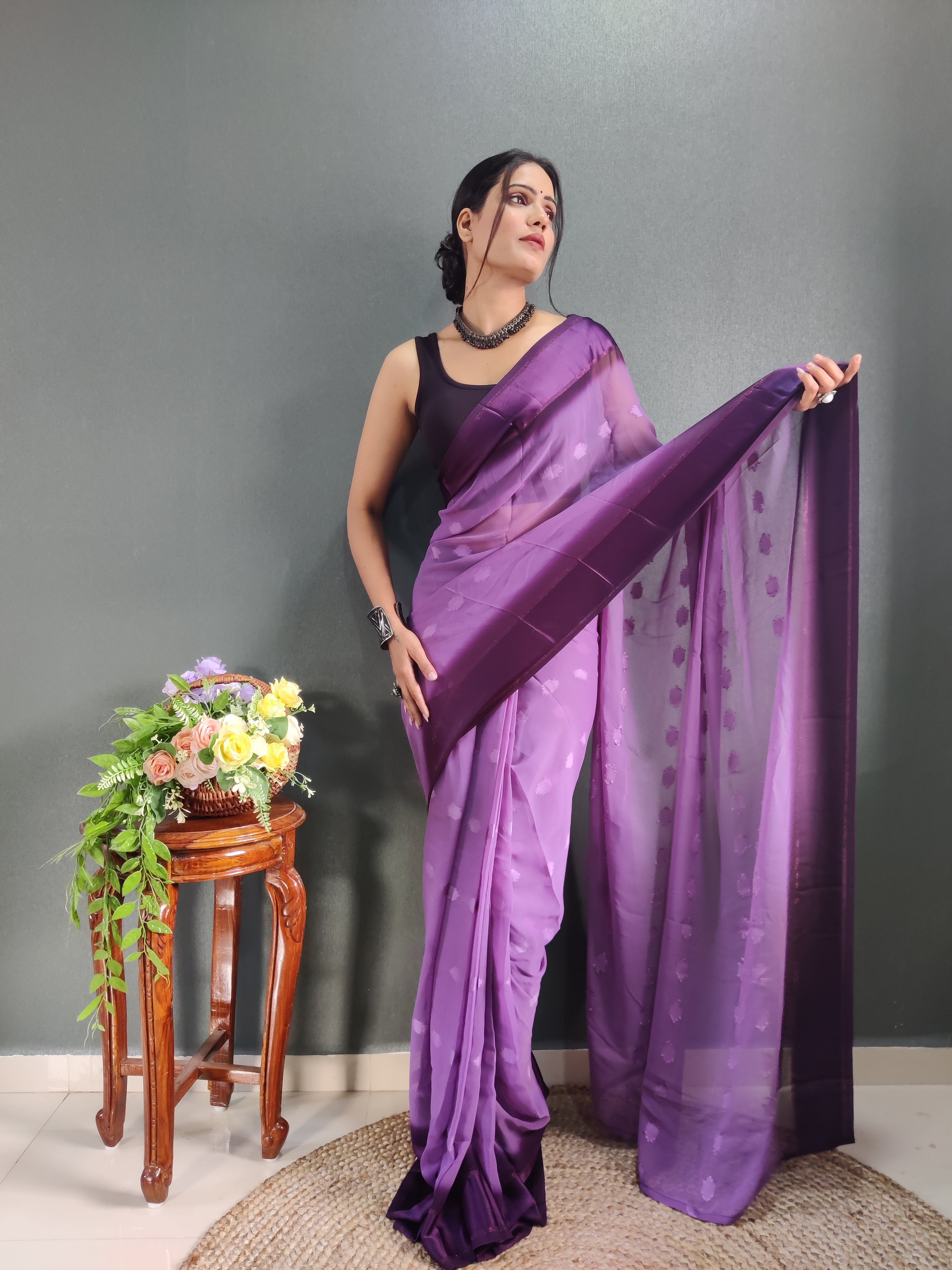 One Minute Ready to Wear New Premium Quality Void Purple Silk Saree Divashree