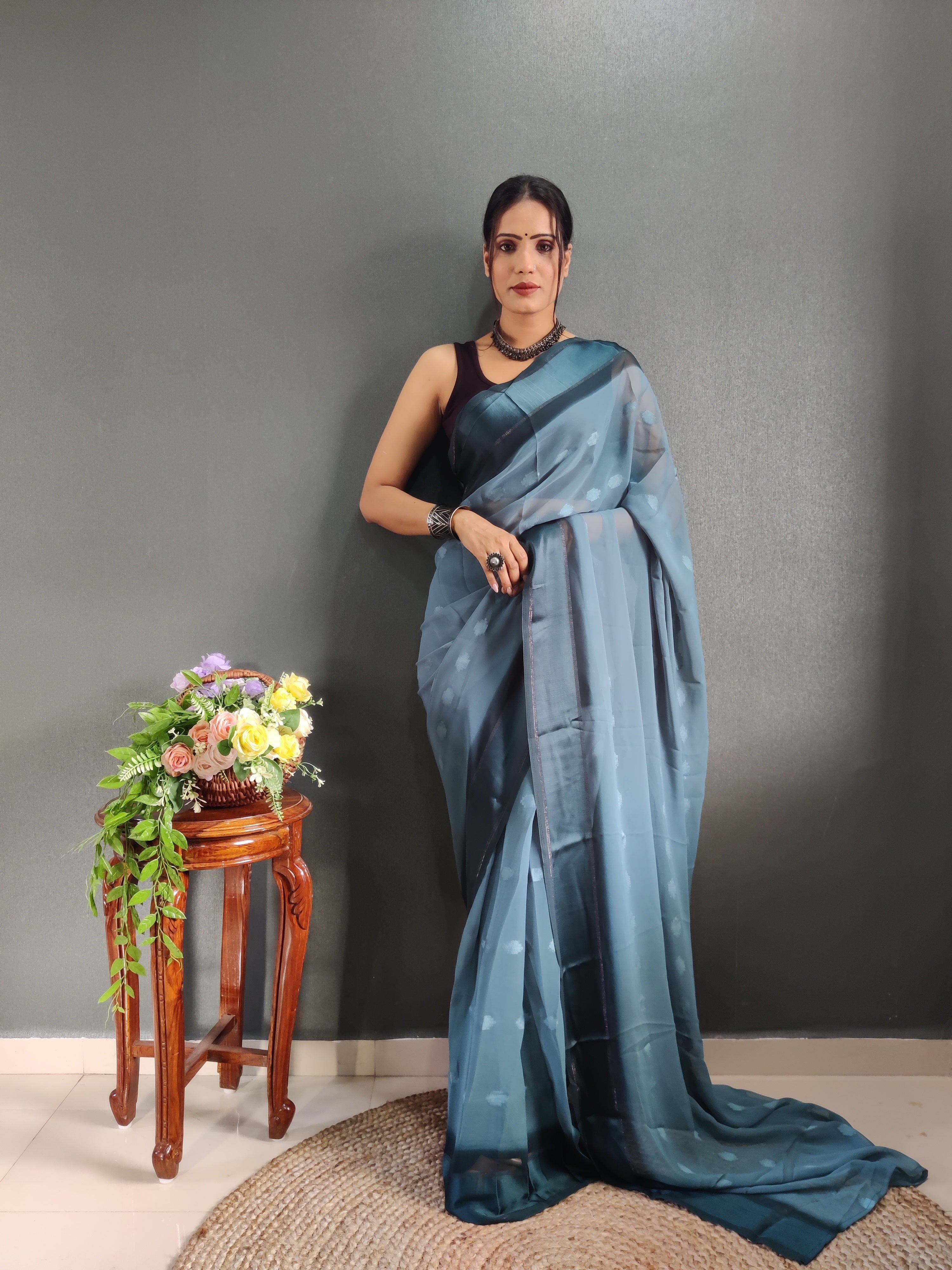 One Minute Ready to Wear New Premium Quality Sigma Blue Silk Saree Divashree