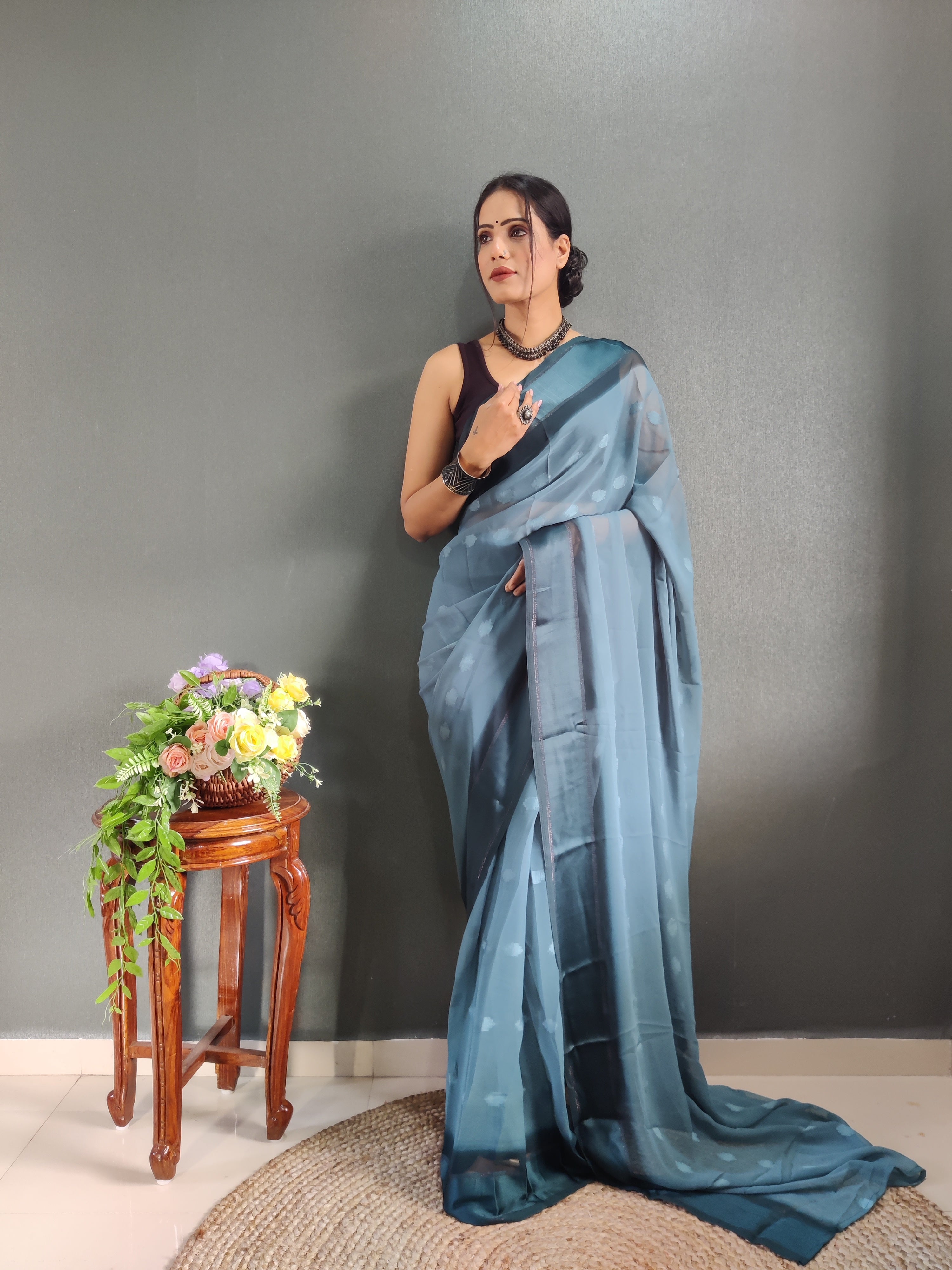 One Minute Ready to Wear New Premium Quality Sigma Blue Silk Saree Divashree