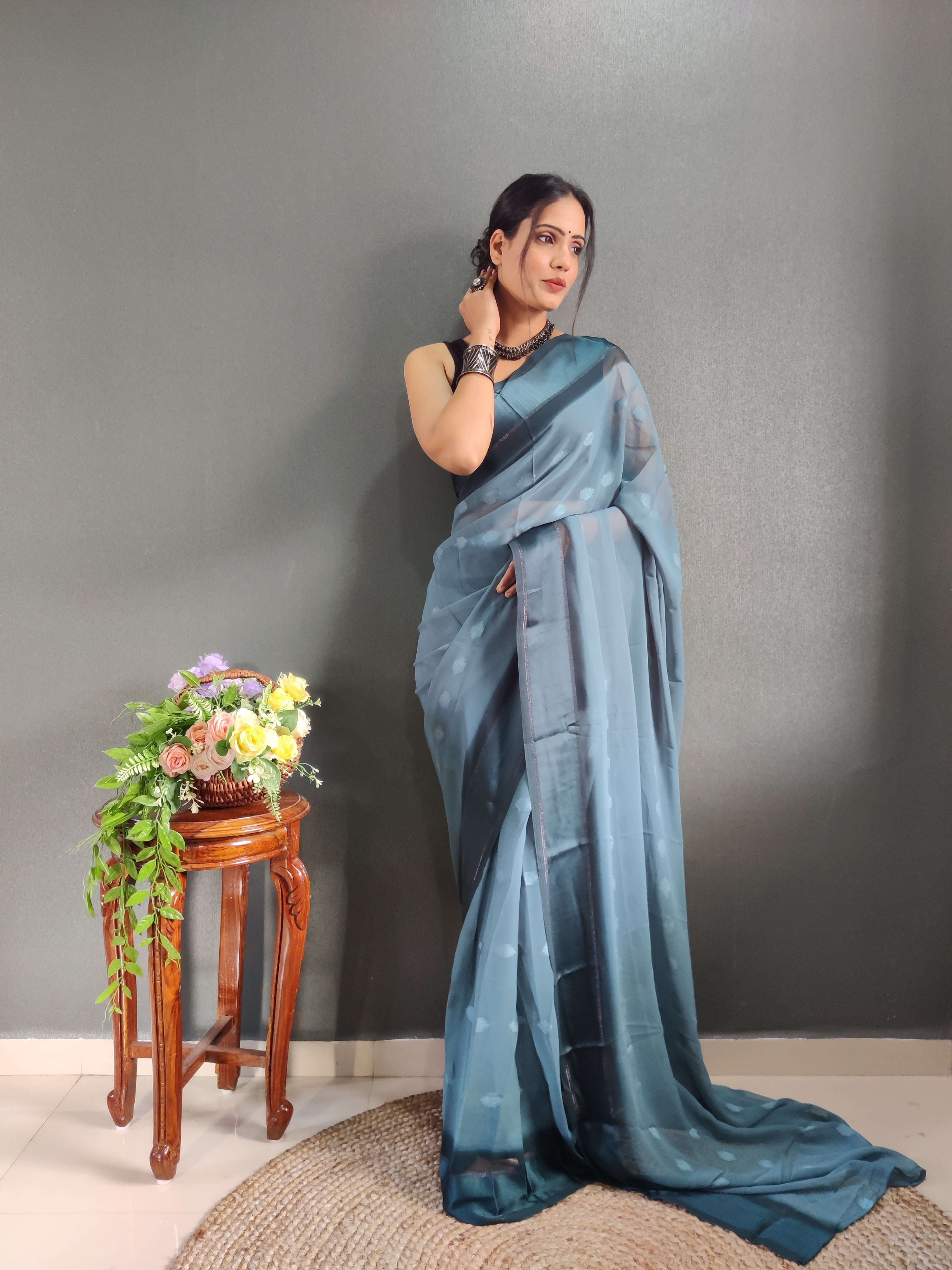 One Minute Ready to Wear New Premium Quality Sigma Blue Silk Saree Divashree