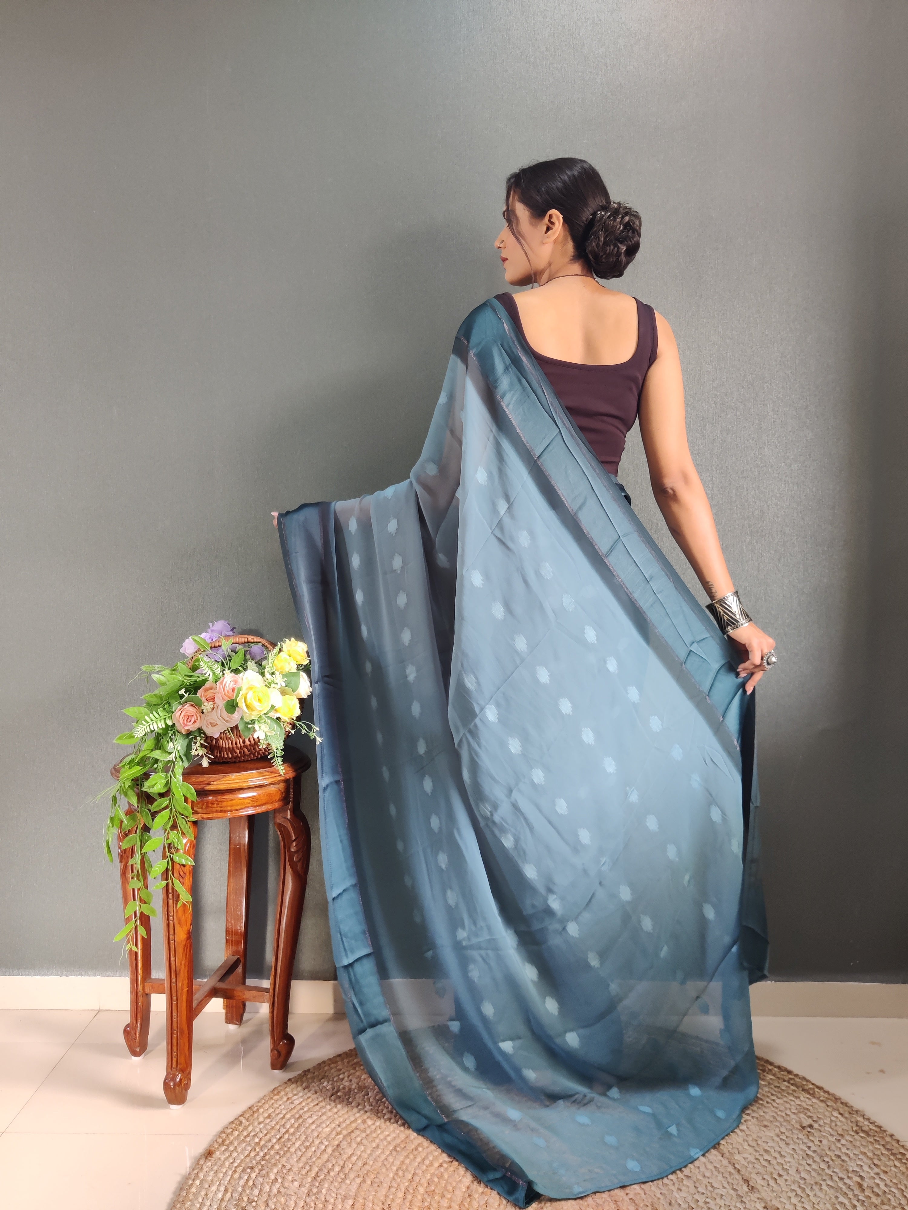 Pending Buti Print One Minute Ready To Wear Blue Saree With Unstiched Blouse