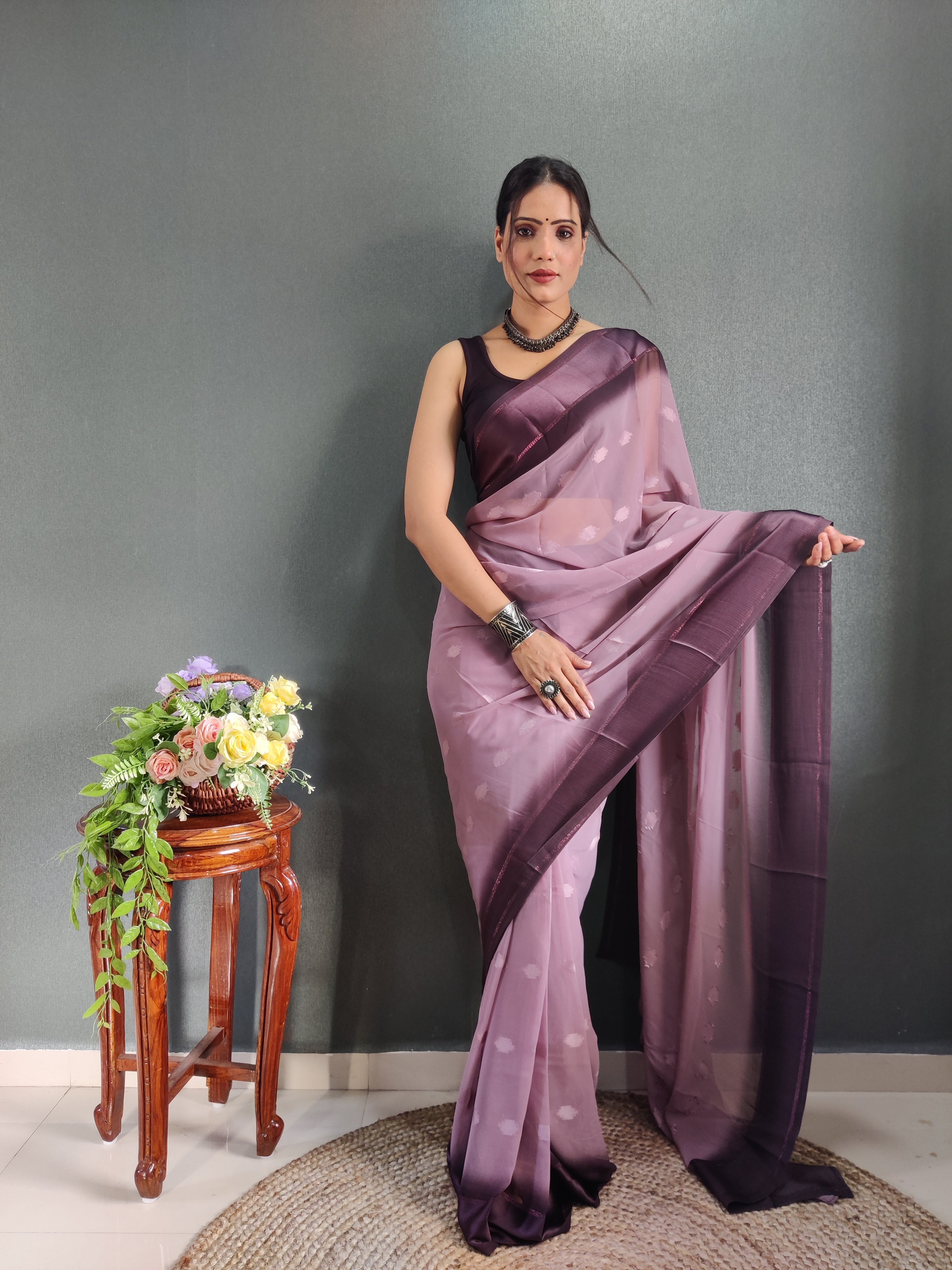 One Minute Ready to Wear New Premium Quality Burgundy Purple Silk Saree Divashree