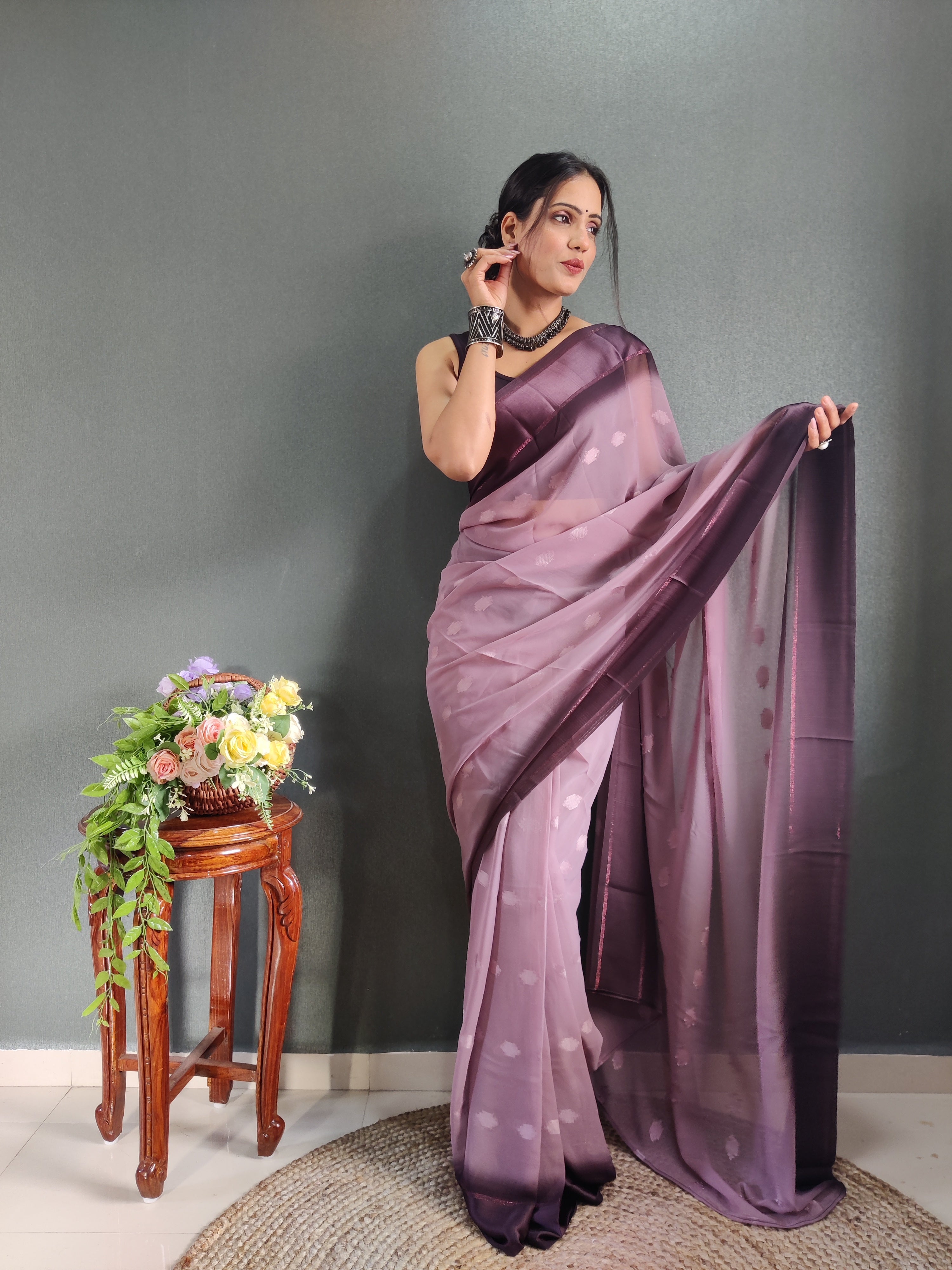 One Minute Ready to Wear New Premium Quality Burgundy Purple Silk Saree Divashree