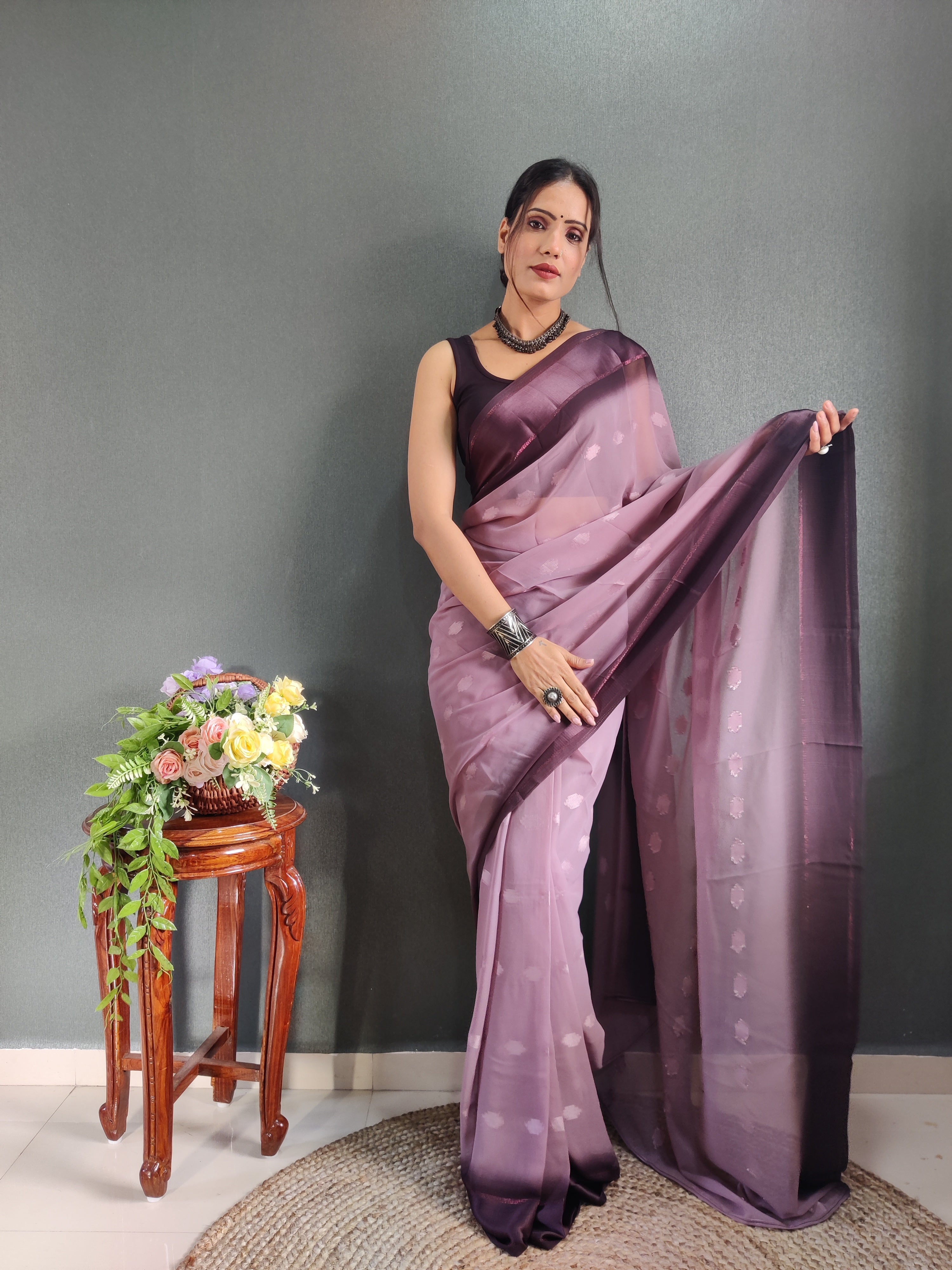 Pending Buti Print One Minute Ready To Wear Wine Saree With Unstiched Blouse