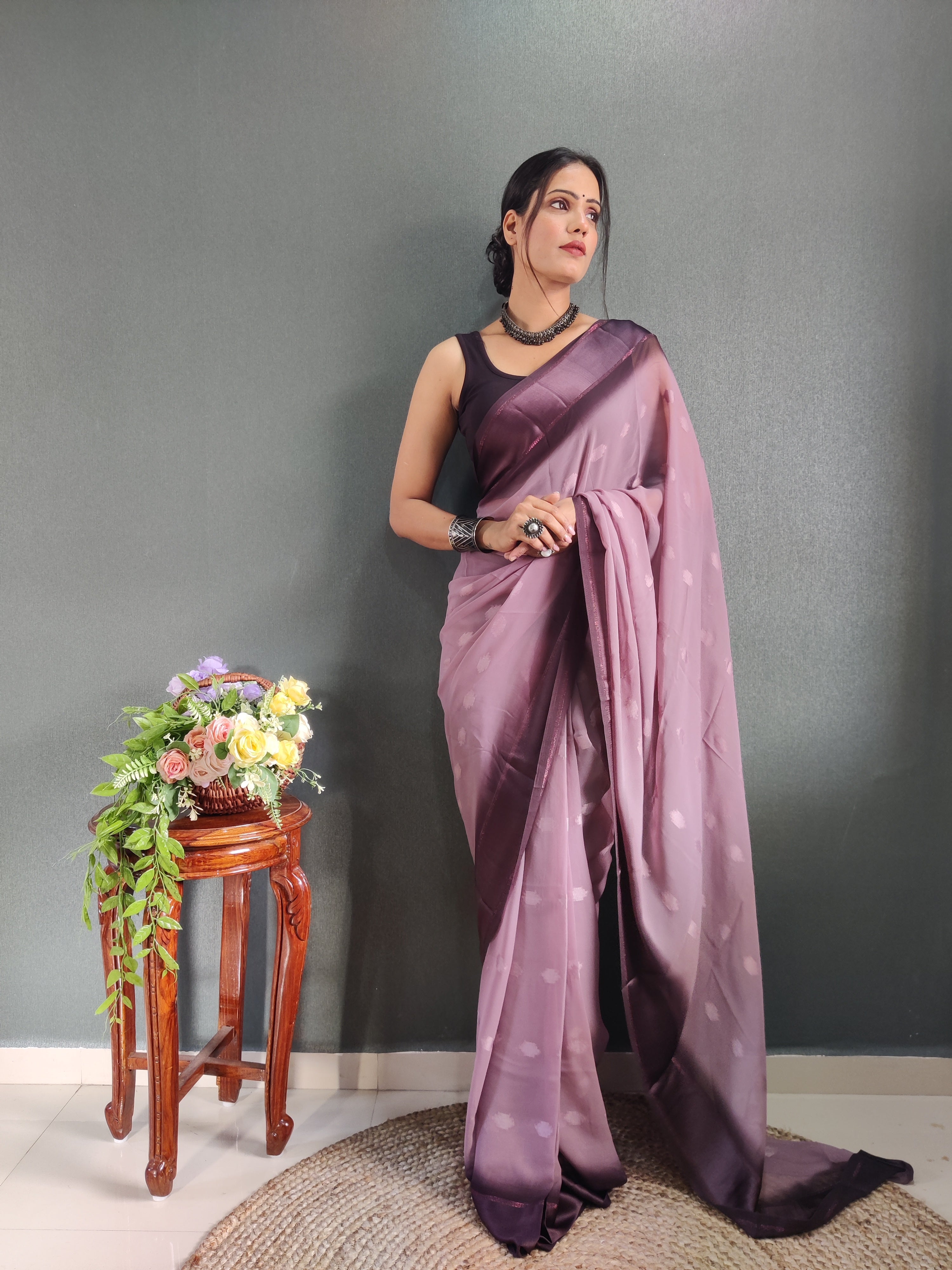 Pending Buti Print One Minute Ready To Wear Wine Saree With Unstiched Blouse