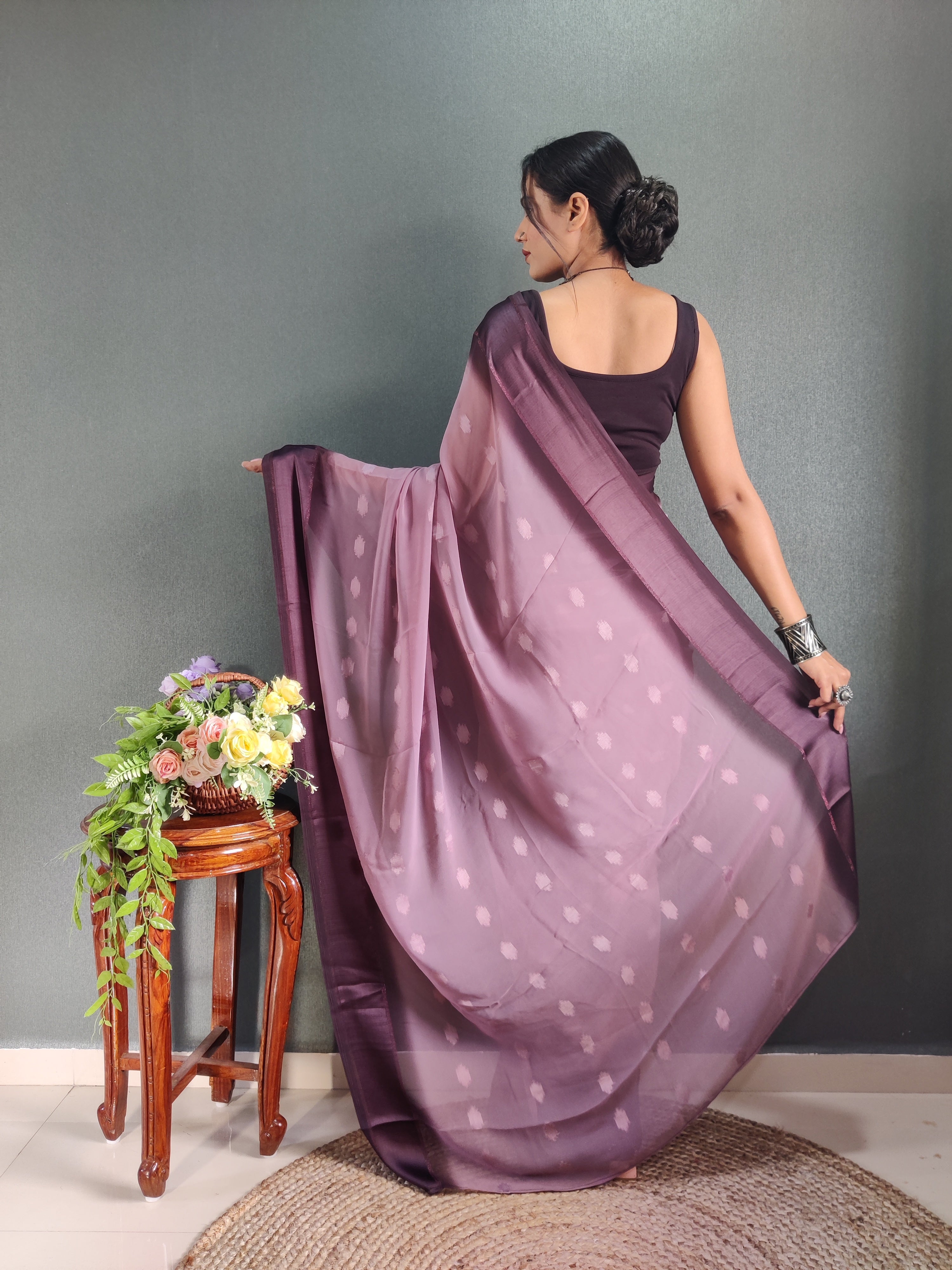 One Minute Ready to Wear New Premium Quality Burgundy Purple Silk Saree Divashree