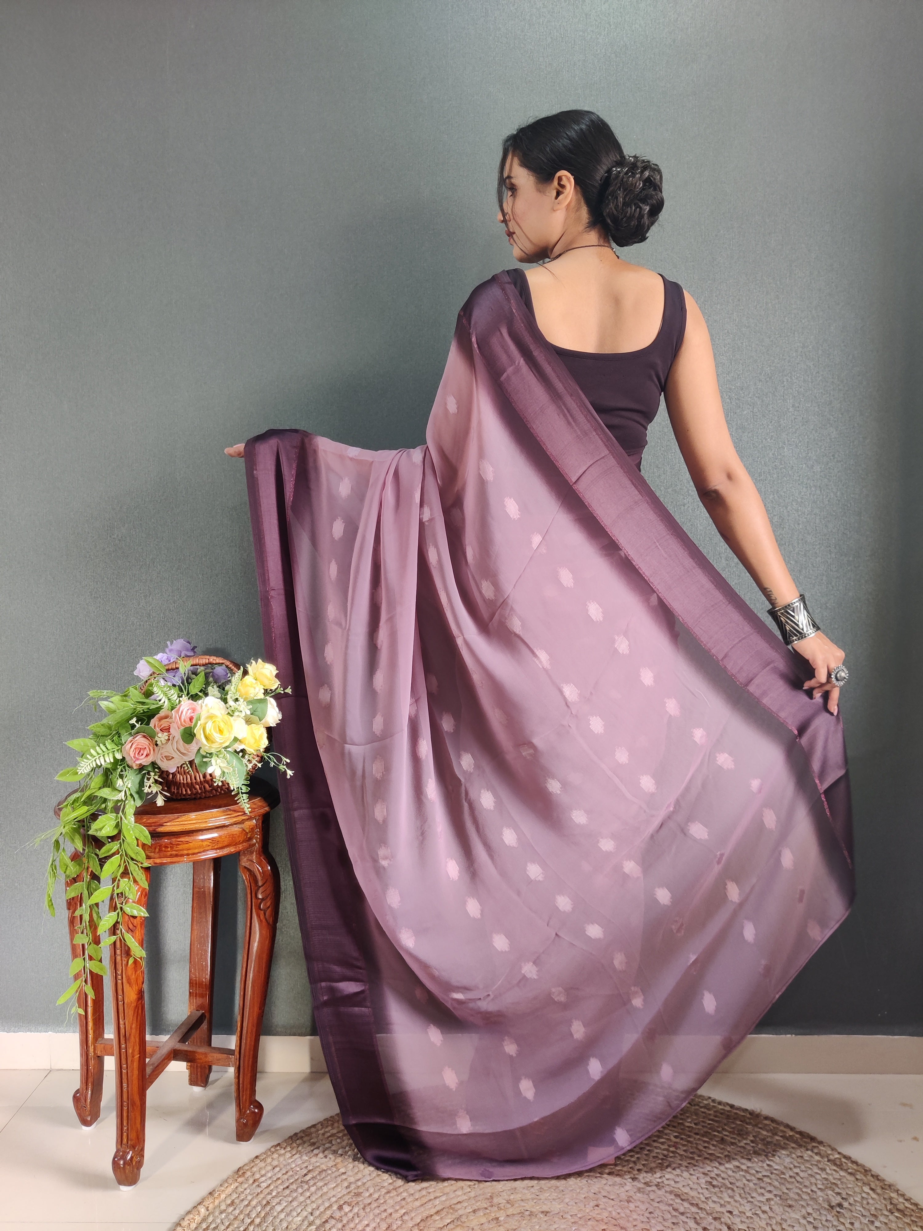 Pending Buti Print One Minute Ready To Wear Wine Saree With Unstiched Blouse