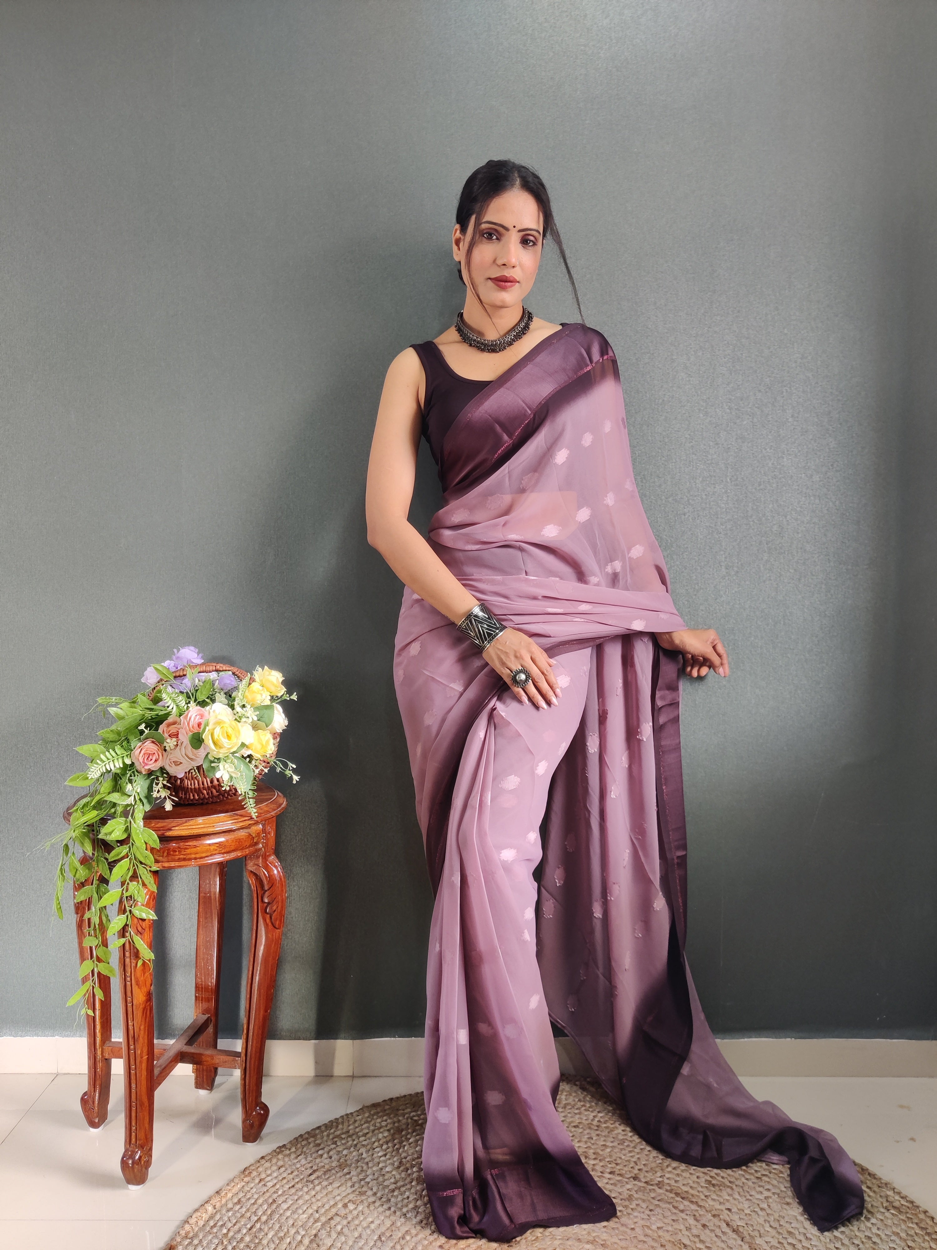 Pending Buti Print One Minute Ready To Wear Wine Saree With Unstiched Blouse