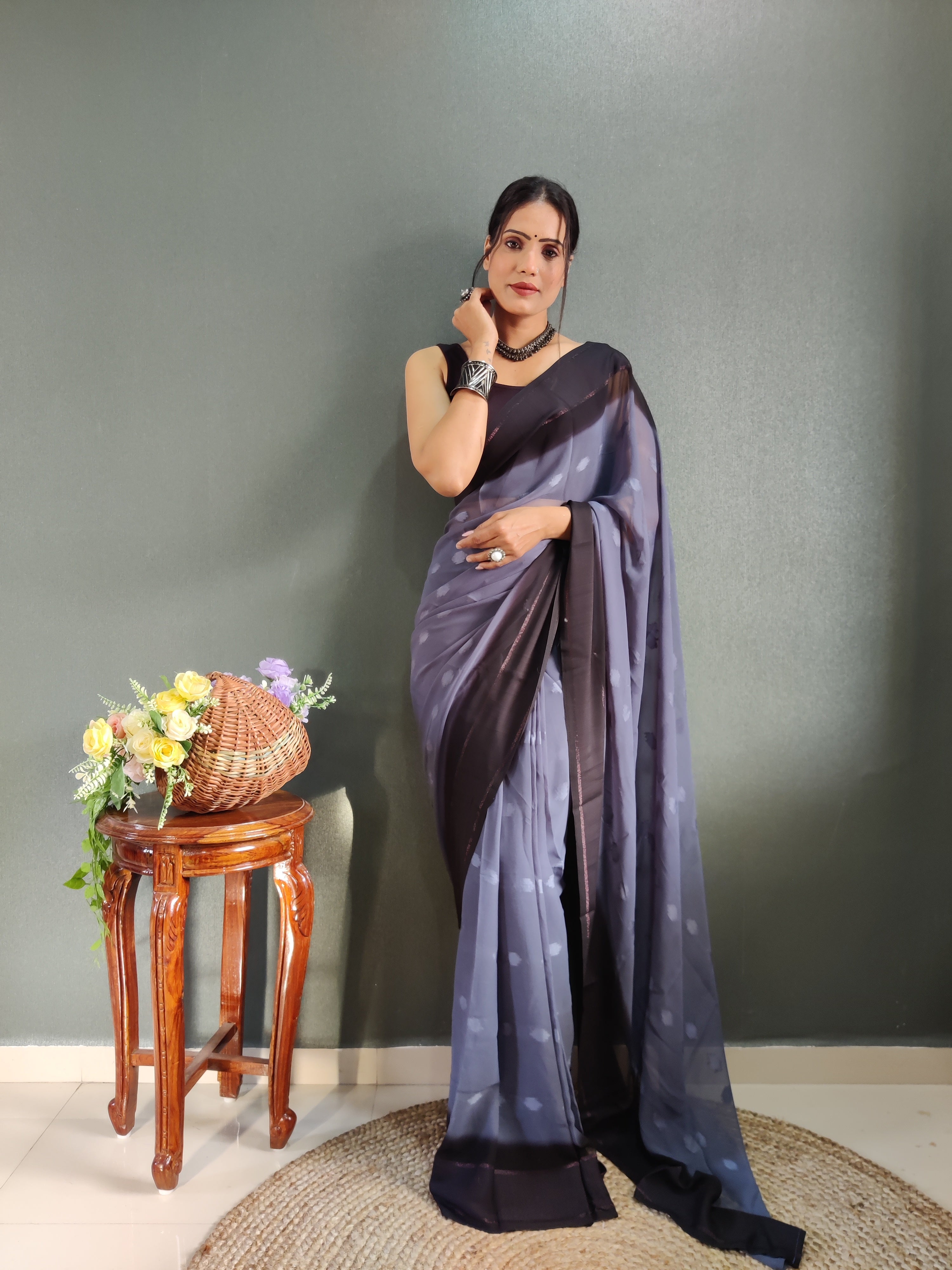 Pending Buti Print One Minute Ready To Wear Greyish Blue Saree With Unstiched Blouse