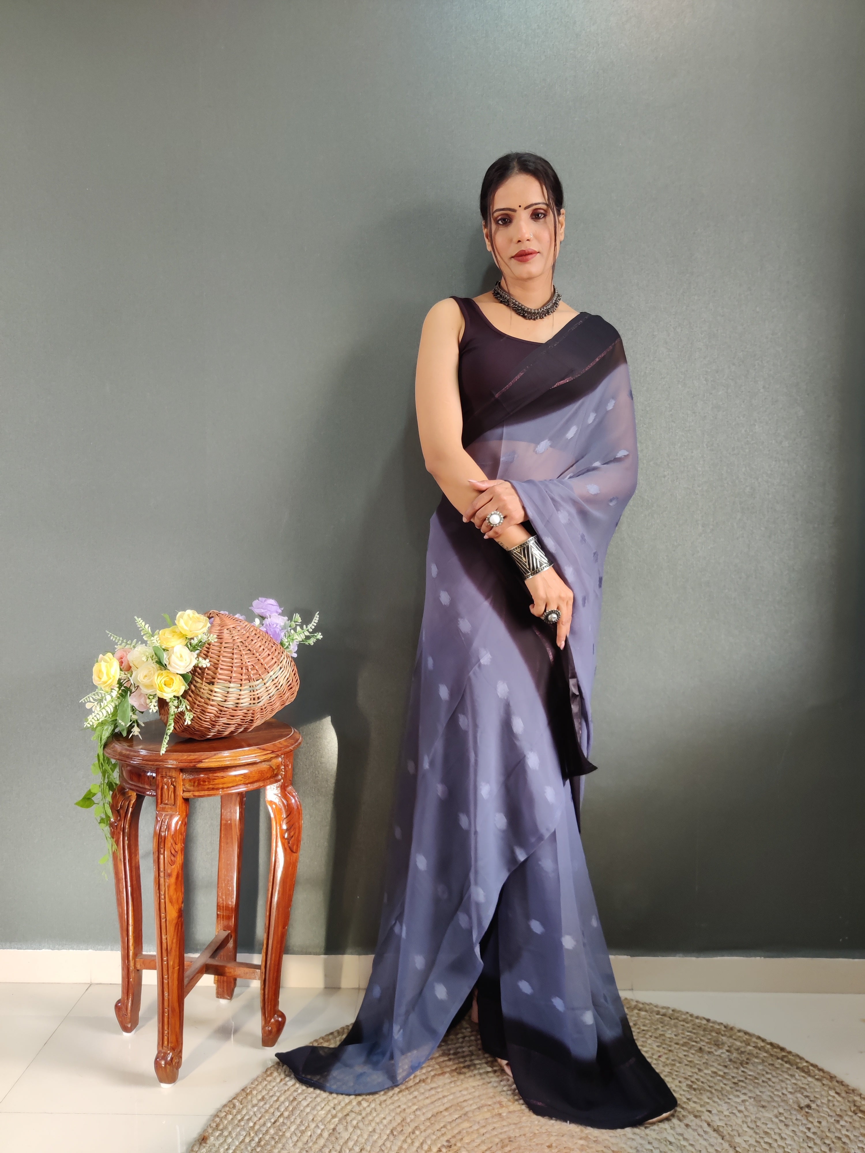 Pending Buti Print One Minute Ready To Wear Greyish Blue Saree With Unstiched Blouse