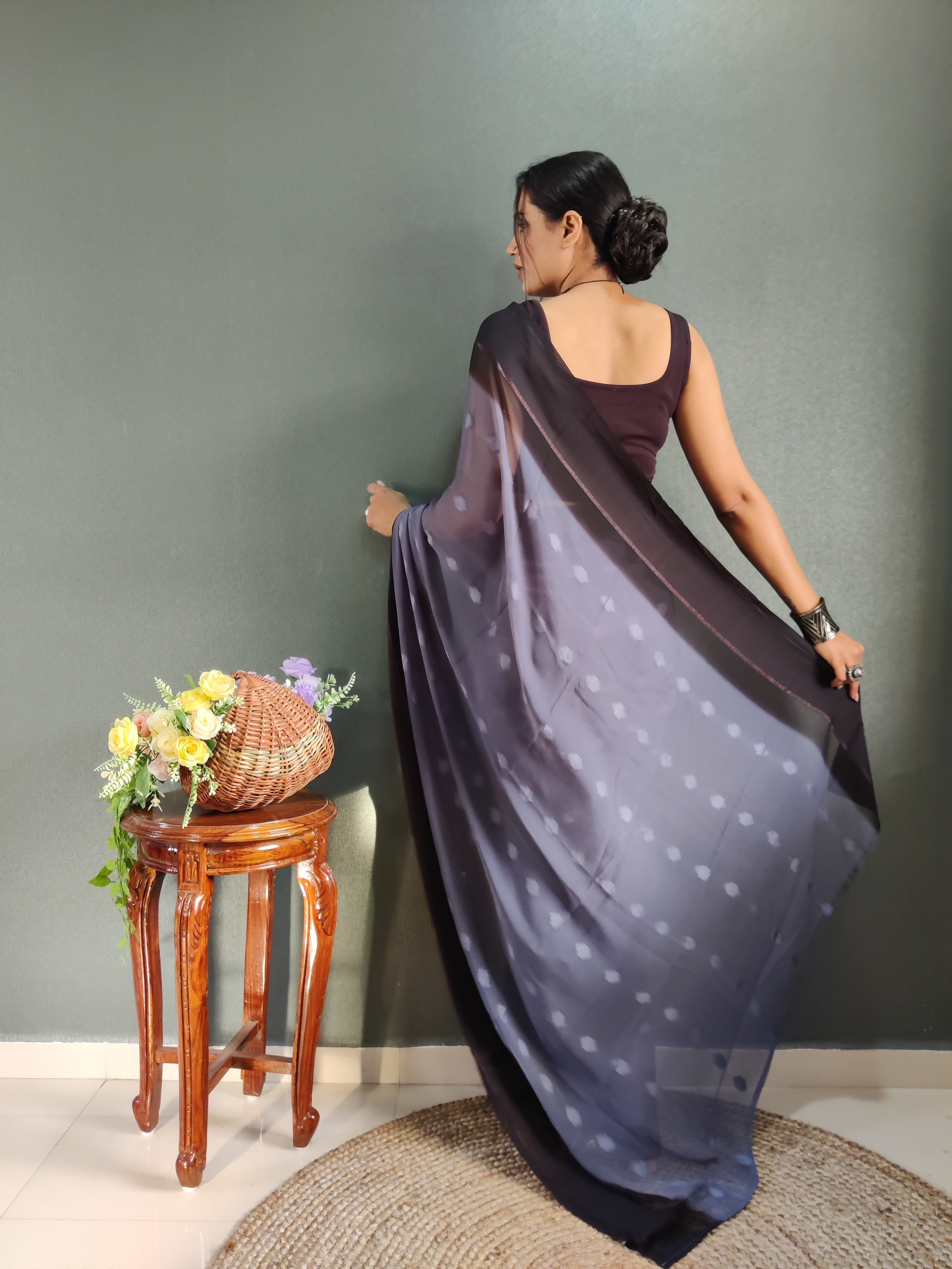 Pending Buti Print One Minute Ready To Wear Greyish Blue Saree With Unstiched Blouse