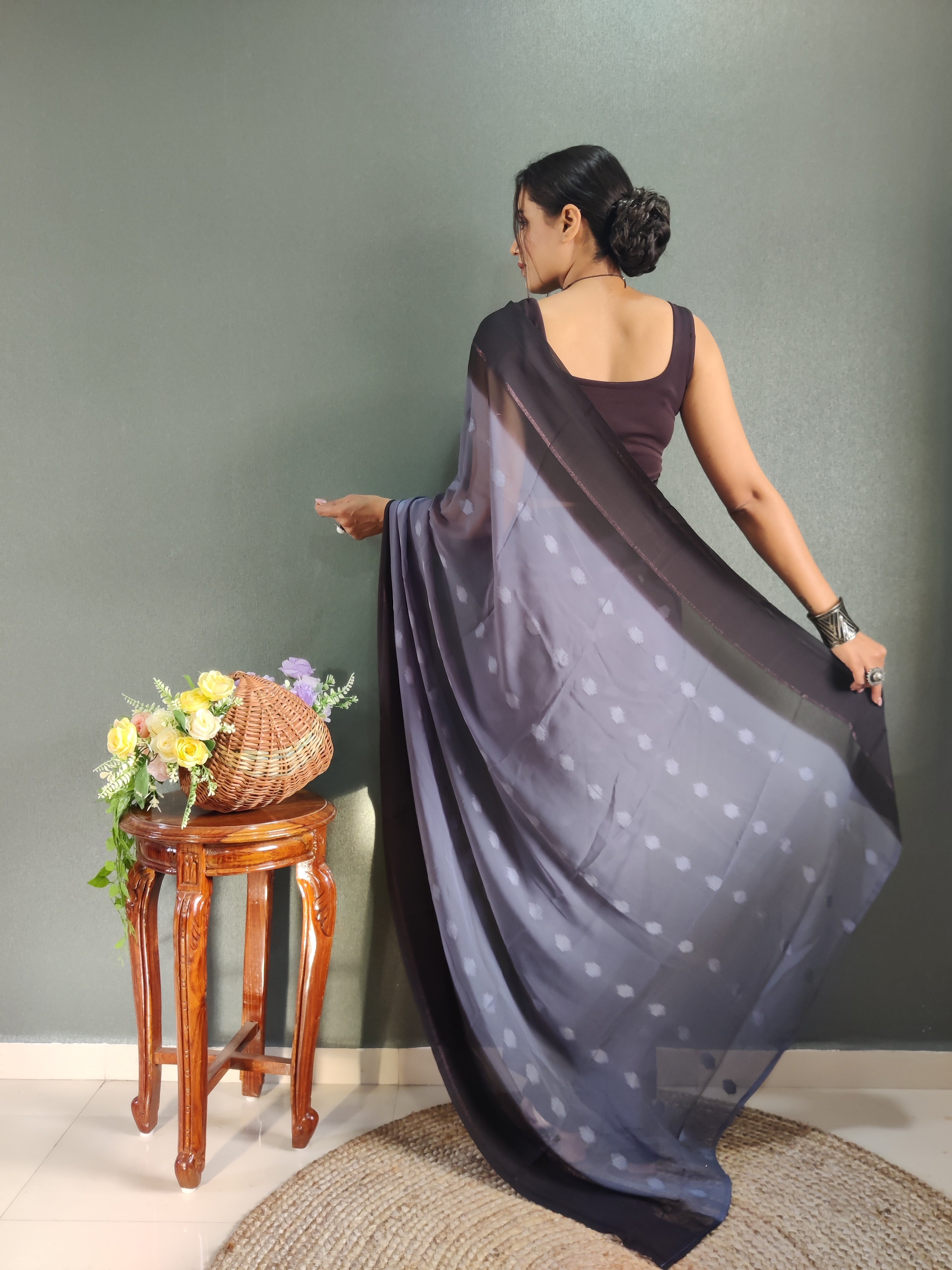 Pending Buti Print One Minute Ready To Wear Greyish Blue Saree With Unstiched Blouse