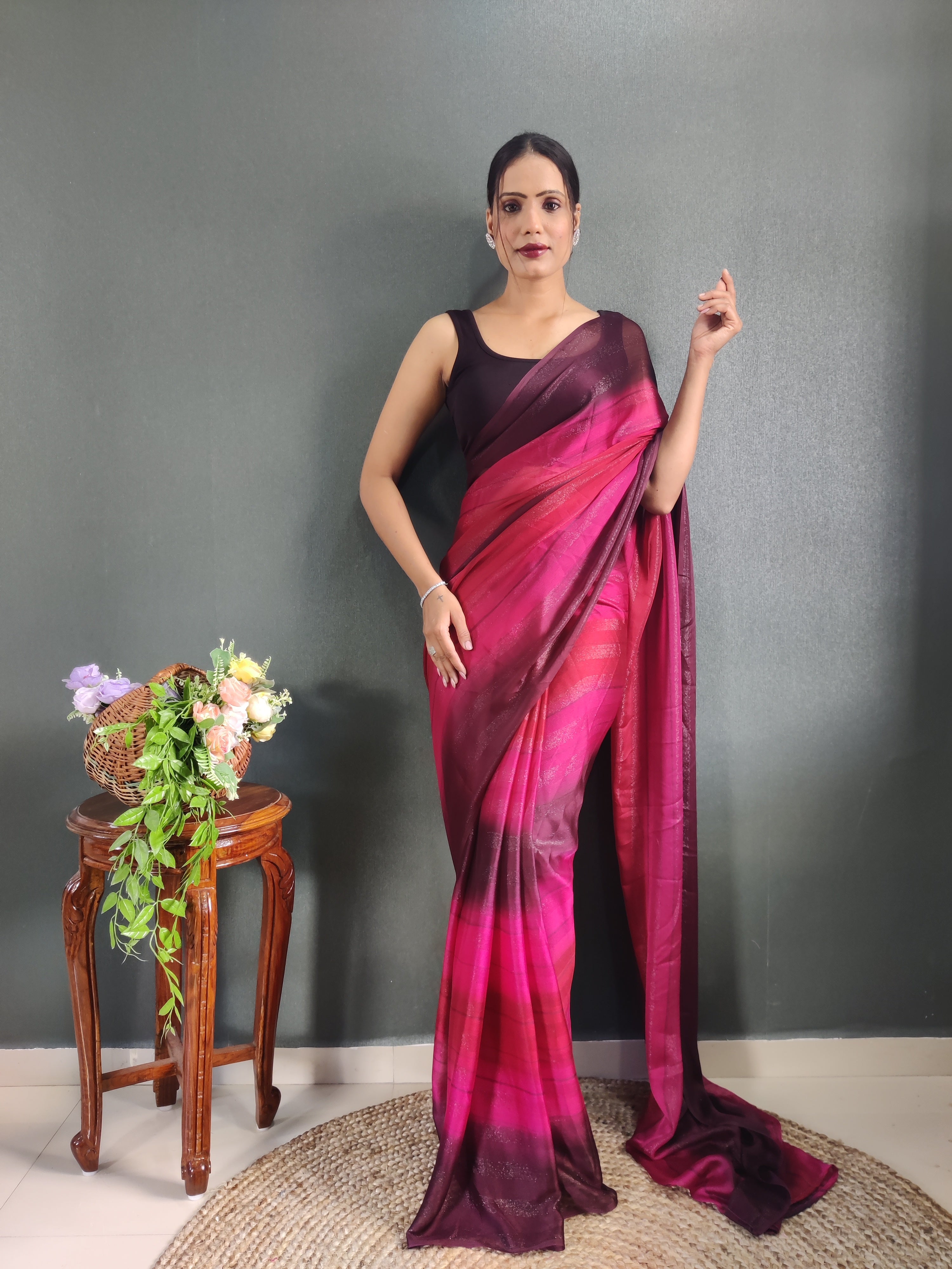 Heer One Minute Ready To Wear Pink-Red Saree With Unstiched Blouse