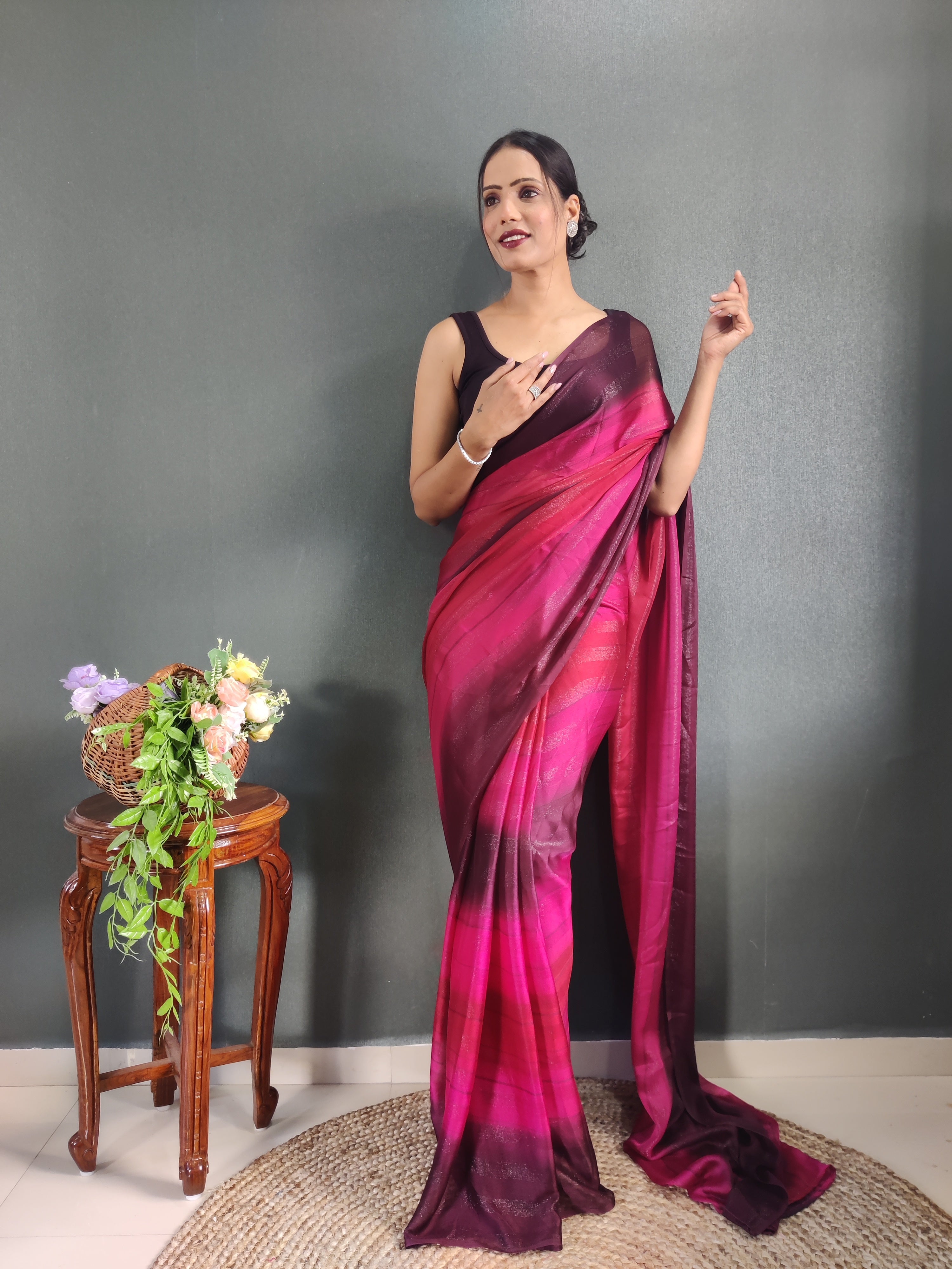 Heer One Minute Ready To Wear Pink-Red Saree With Unstiched Blouse