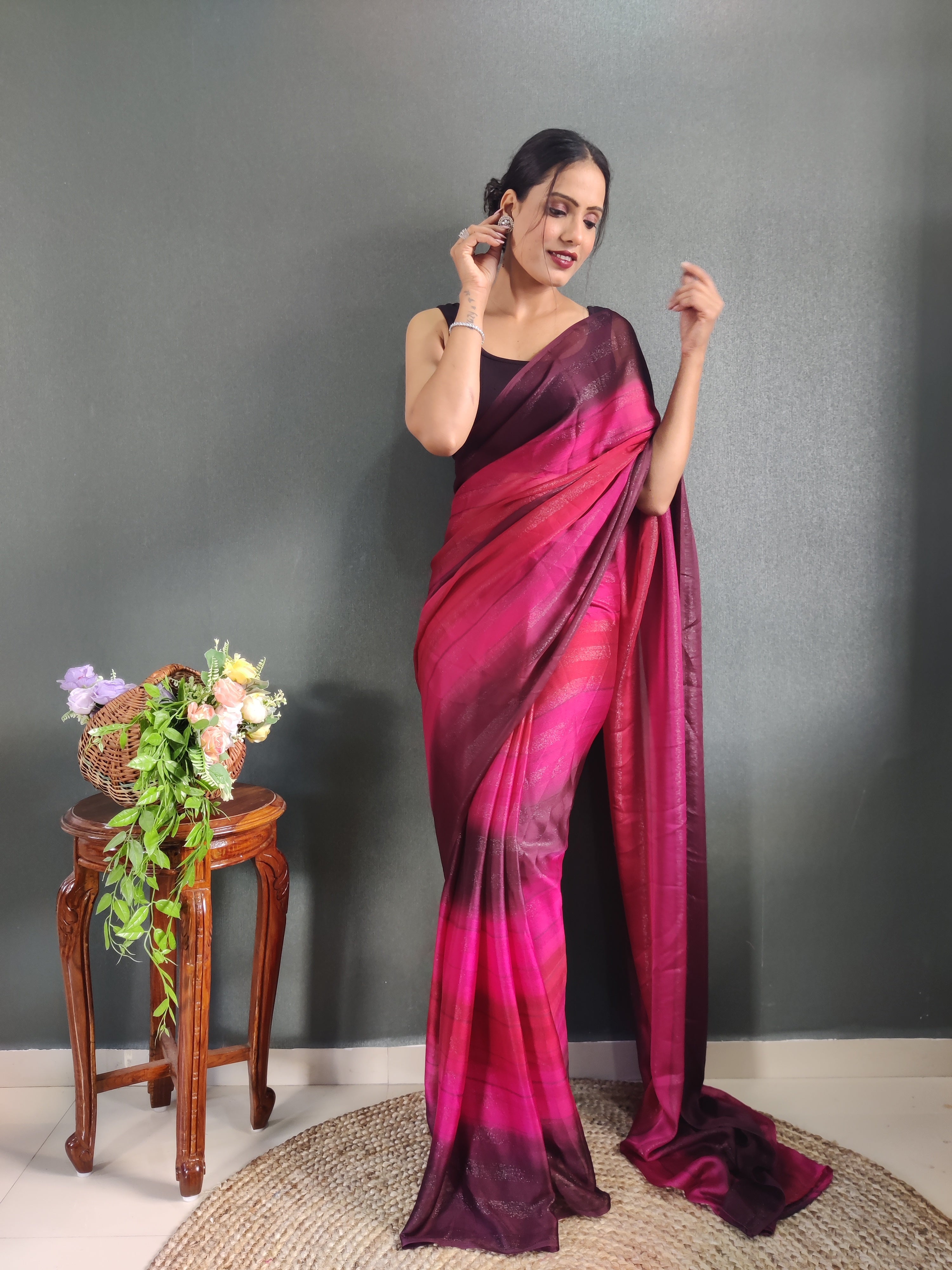 Heer One Minute Ready To Wear Pink-Red Saree With Unstiched Blouse