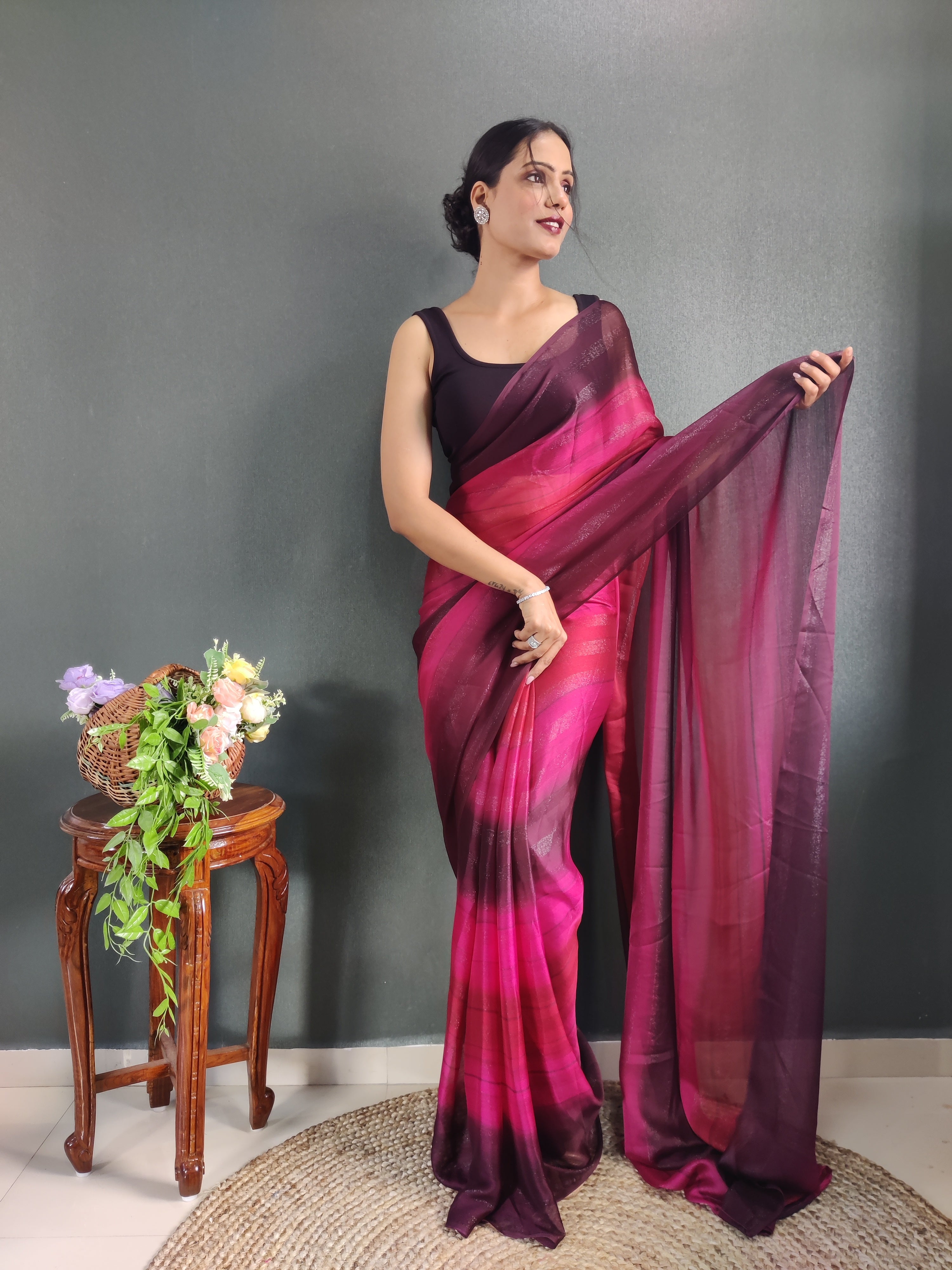 Heer One Minute Ready To Wear Pink-Red Saree With Unstiched Blouse