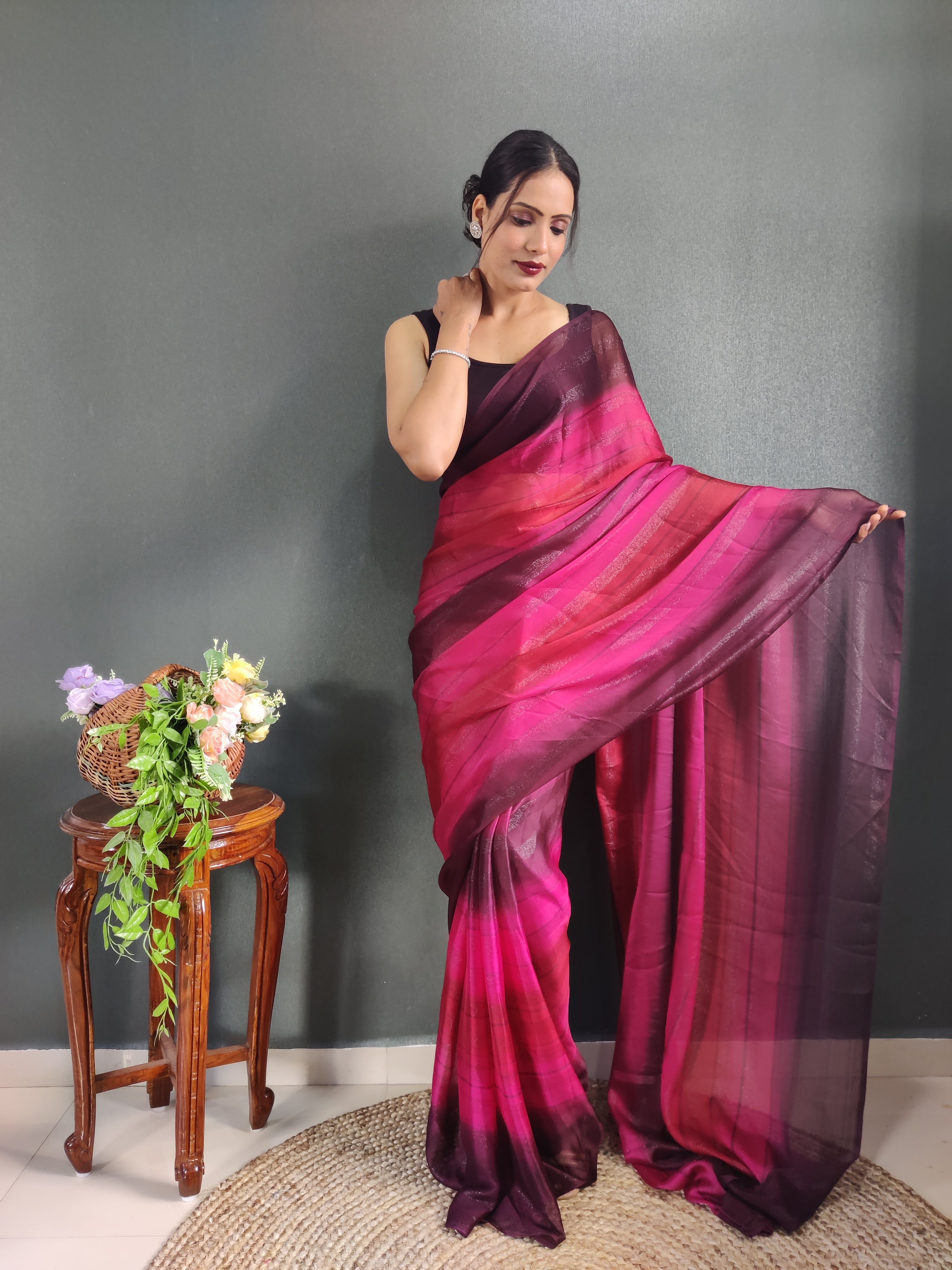 Heer One Minute Ready To Wear Pink-Red Saree With Unstiched Blouse