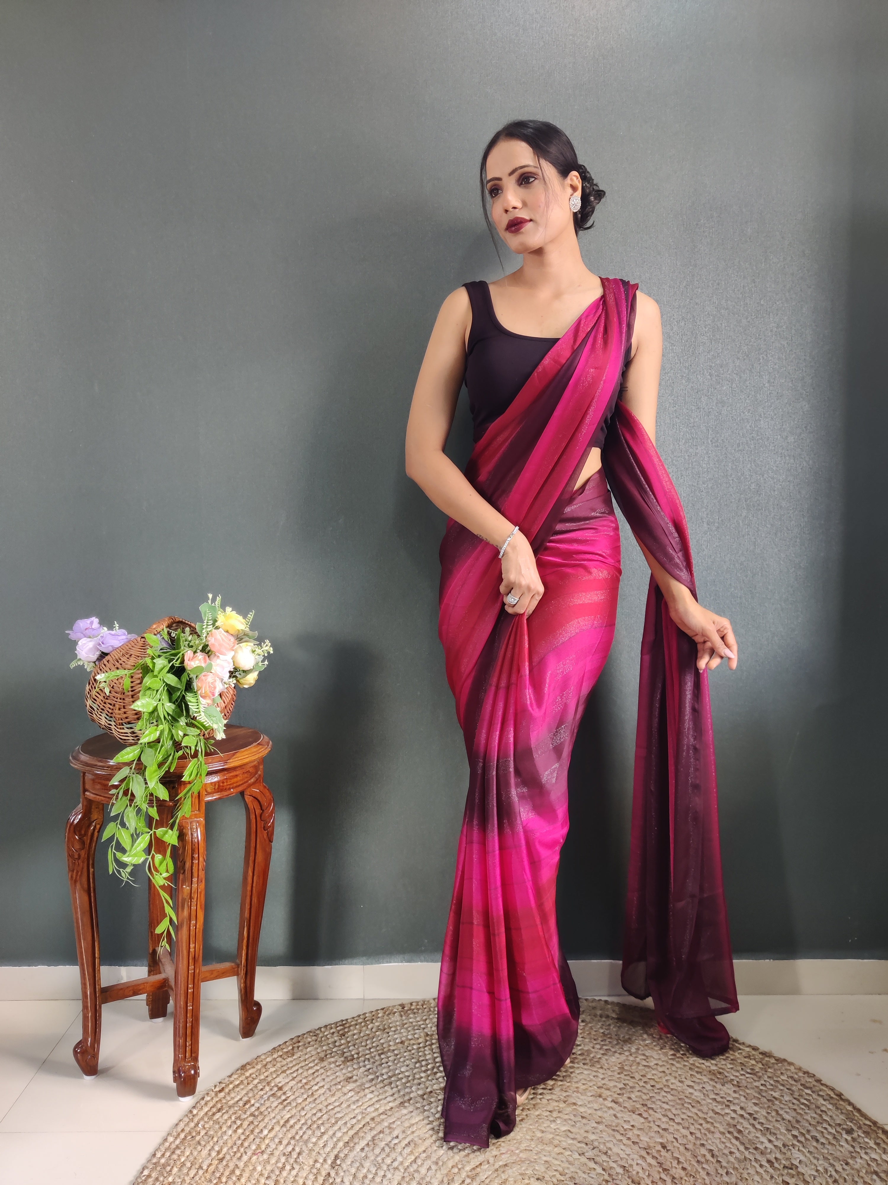 Heer One Minute Ready To Wear Pink-Red Saree With Unstiched Blouse