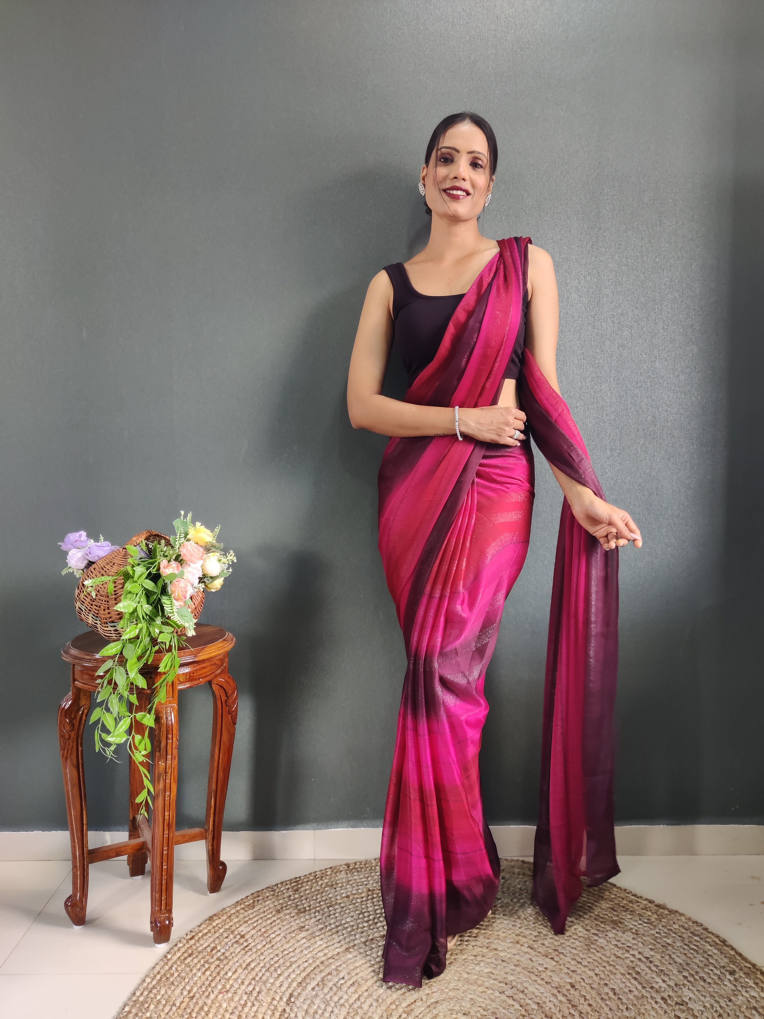 Heer One Minute Ready To Wear Pink-Red Saree With Unstiched Blouse