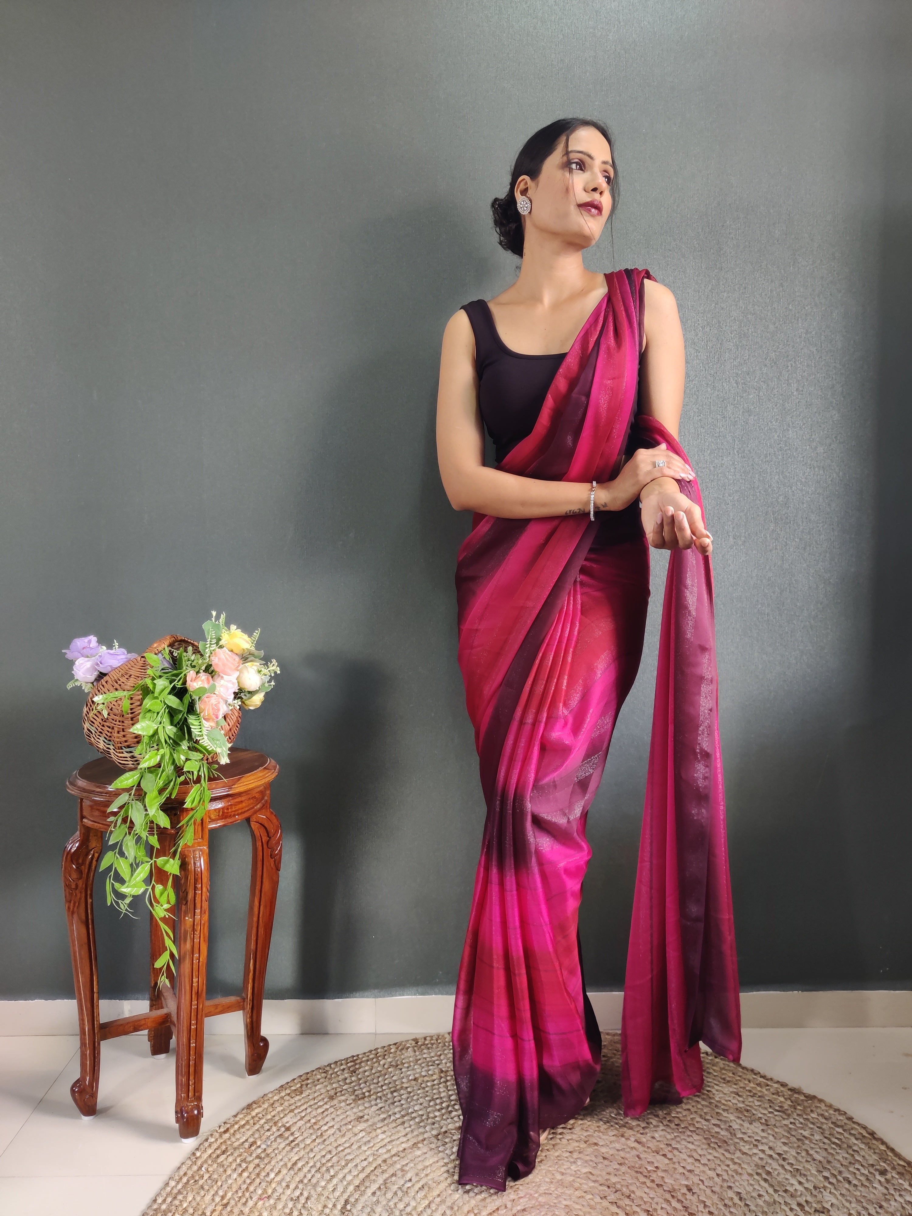 Heer One Minute Ready To Wear Pink-Red Saree With Unstiched Blouse