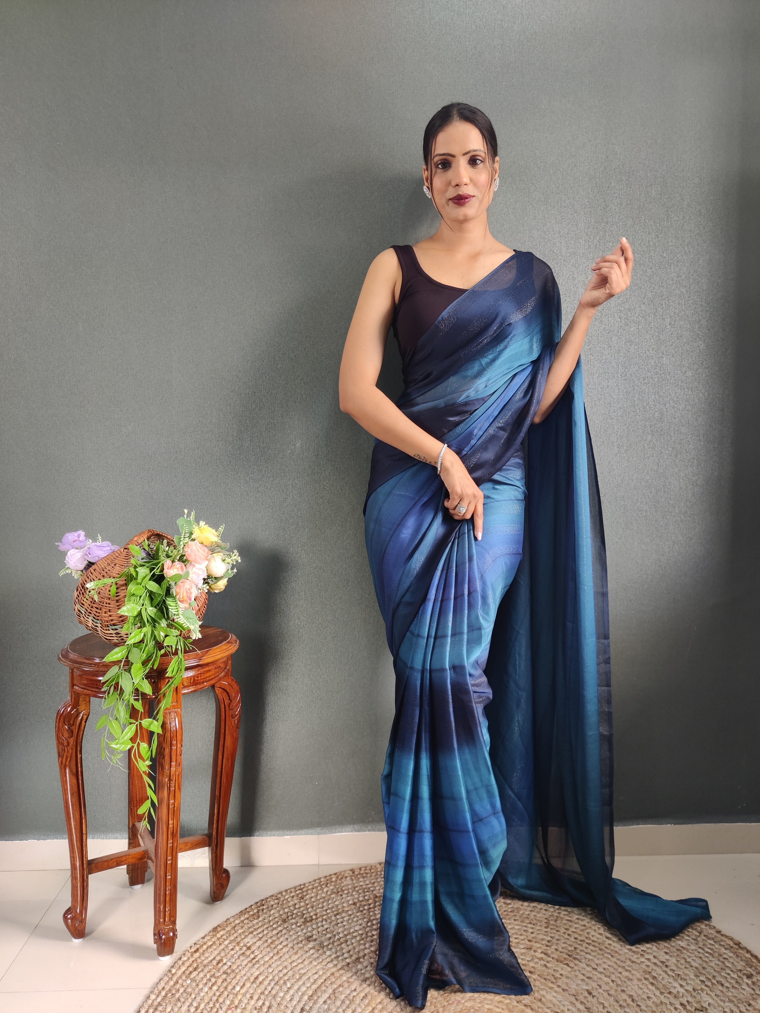 Heer One Minute Ready To Wear Blue-Black Saree With Unstiched Blouse