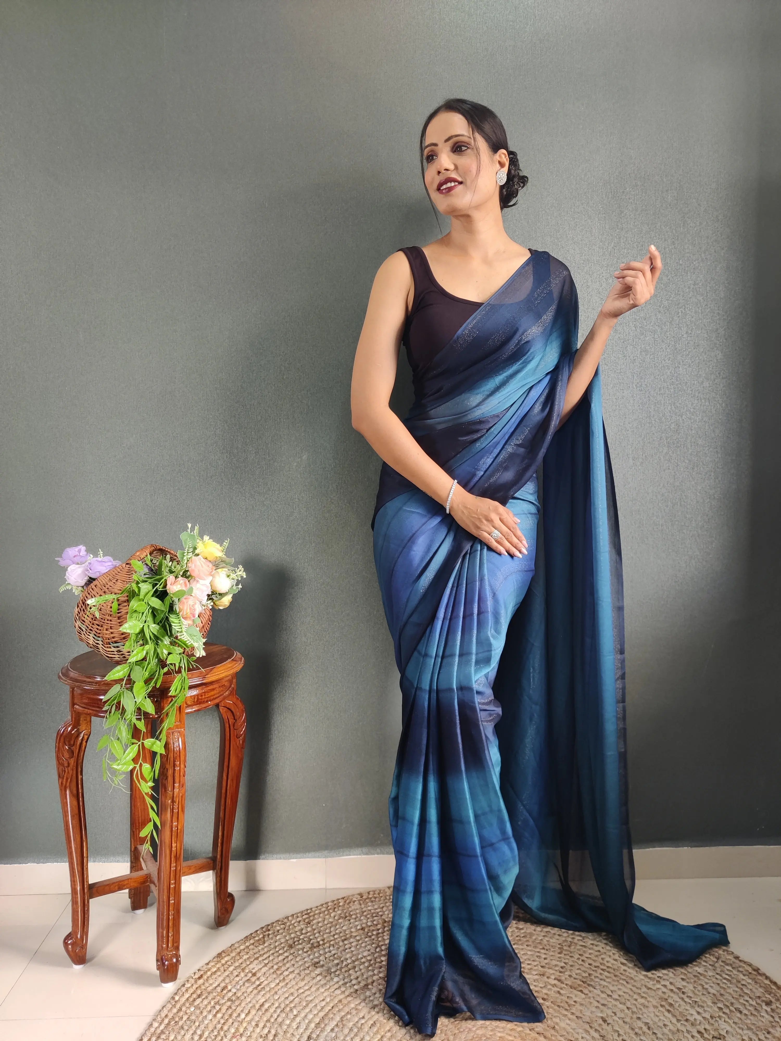 One Minute Ready to Wear New Premium Quelity Vinaile Blue Saree Divashree