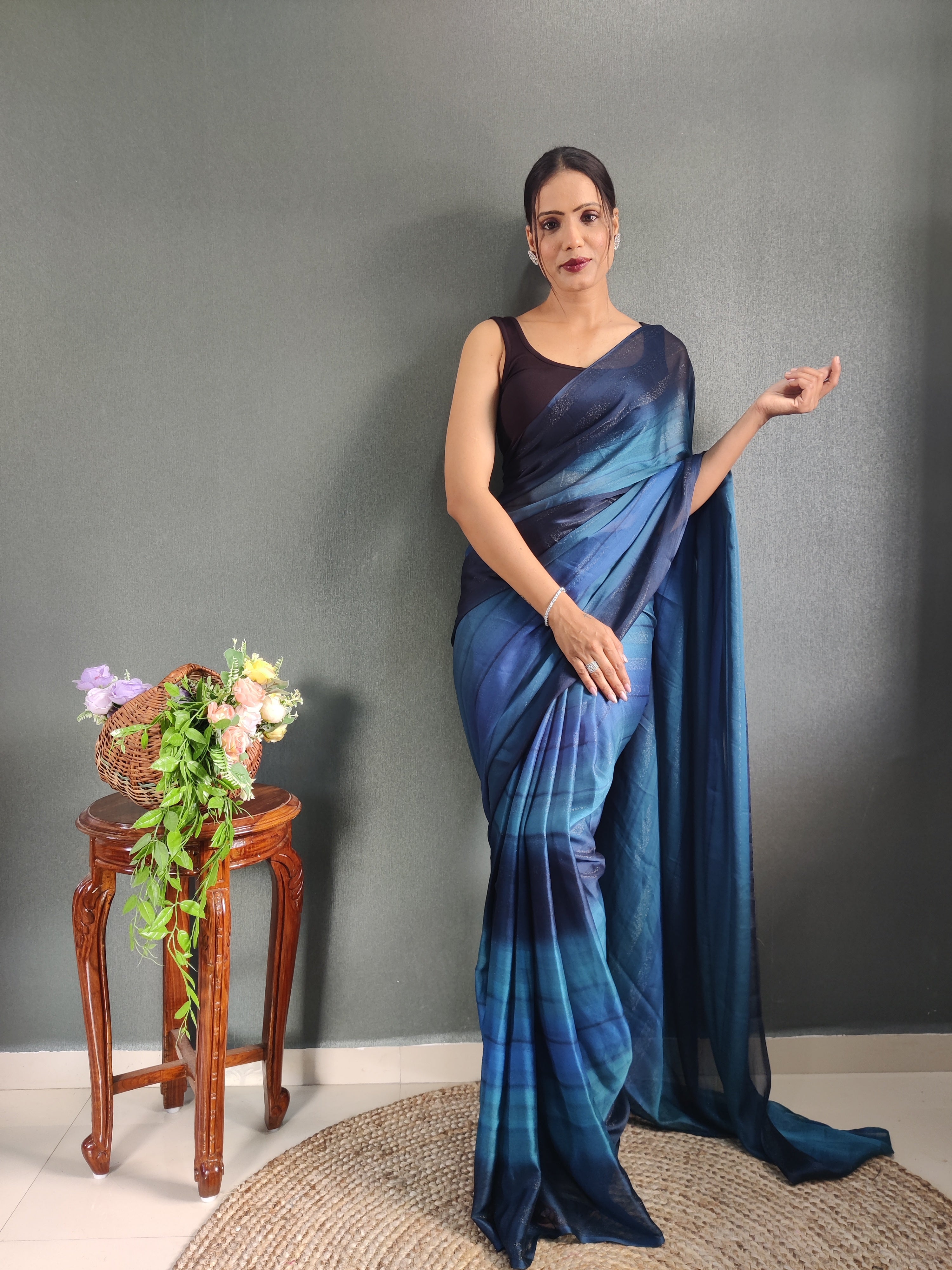 Heer One Minute Ready To Wear Blue-Black Saree With Unstiched Blouse