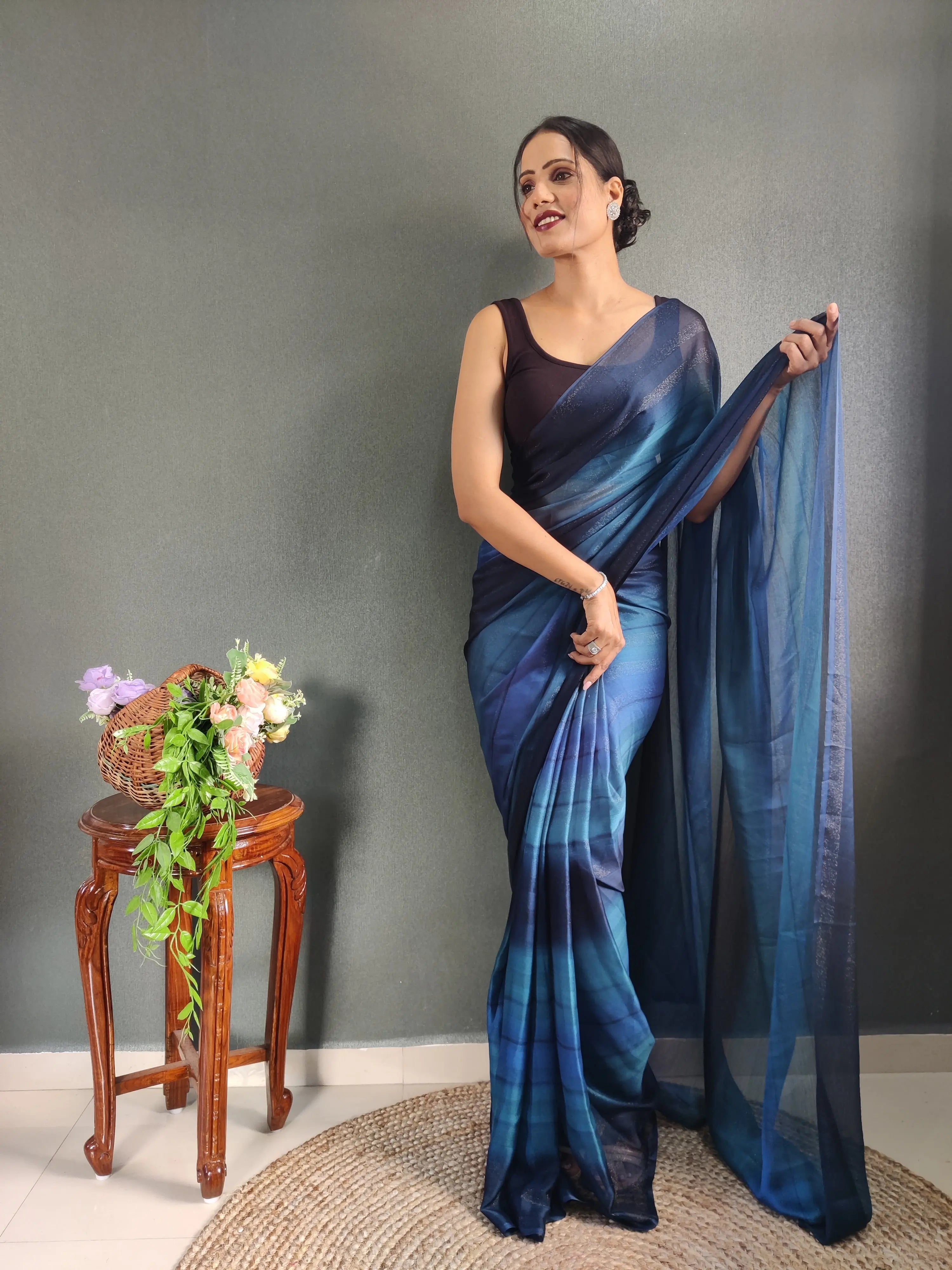 One Minute Ready to Wear New Premium Quelity Vinaile Blue Saree Divashree