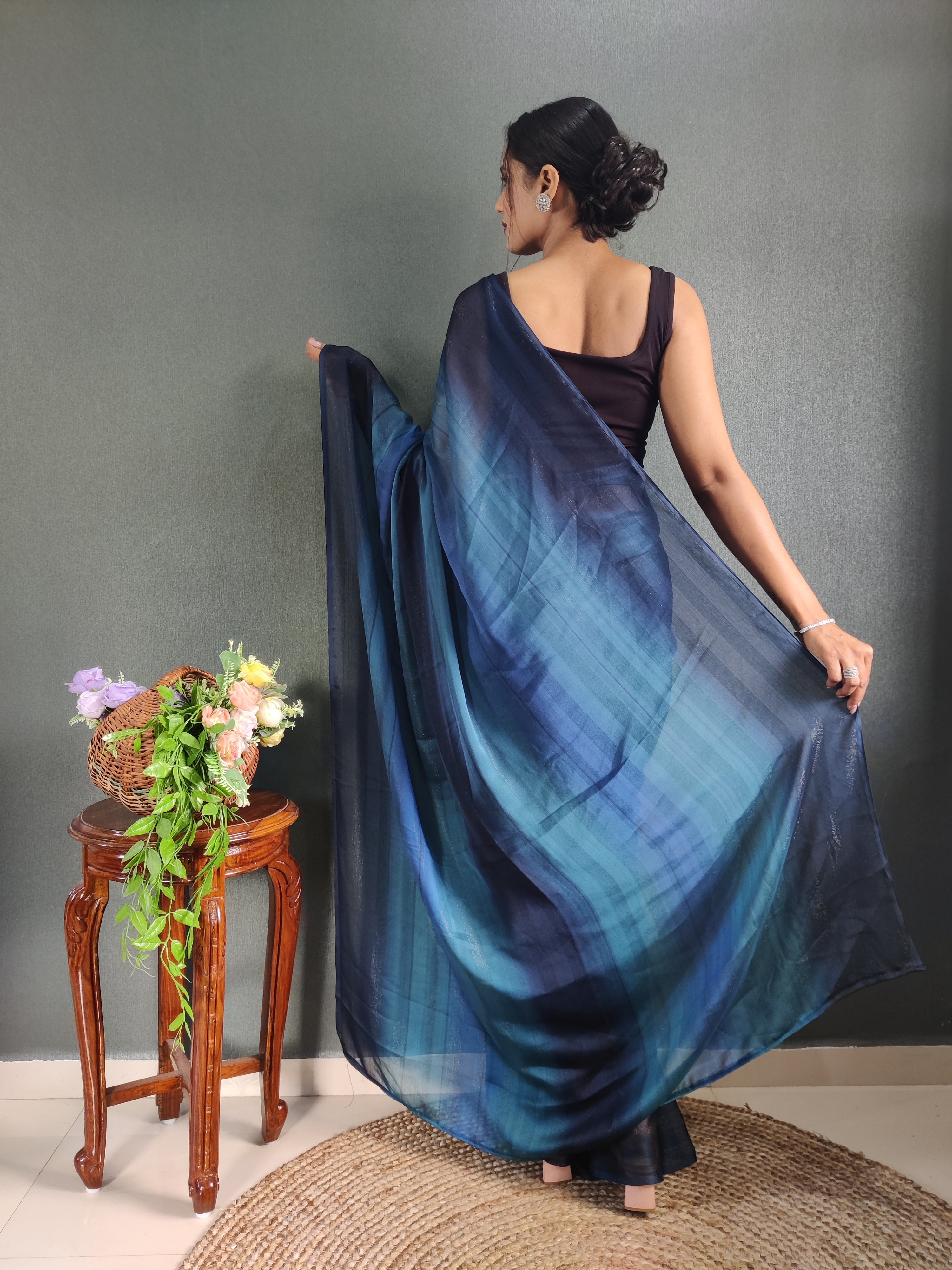 Heer One Minute Ready To Wear Blue-Black Saree With Unstiched Blouse