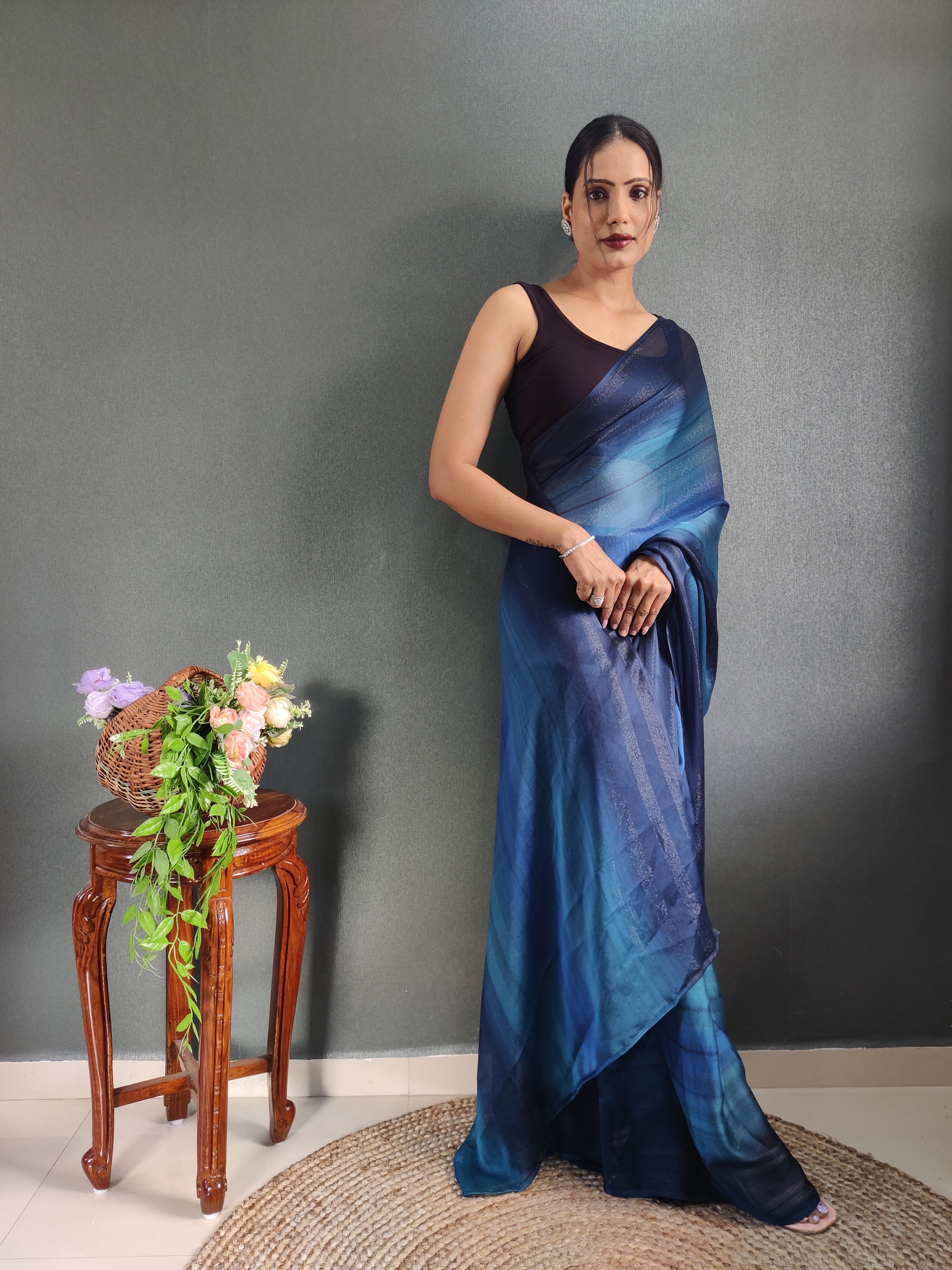 Heer One Minute Ready To Wear Blue-Black Saree With Unstiched Blouse