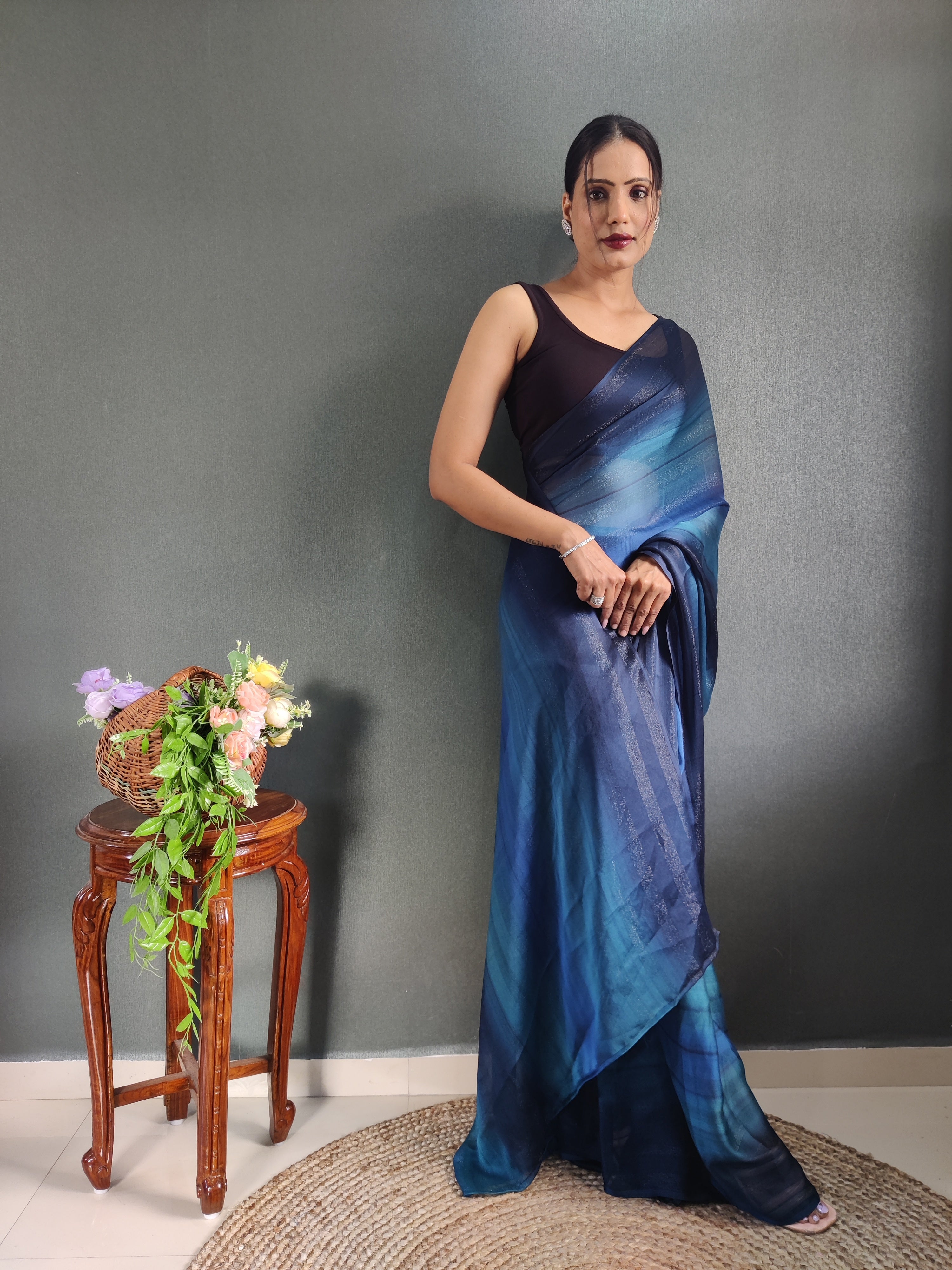 Heer One Minute Ready To Wear Blue-Black Saree With Unstiched Blouse