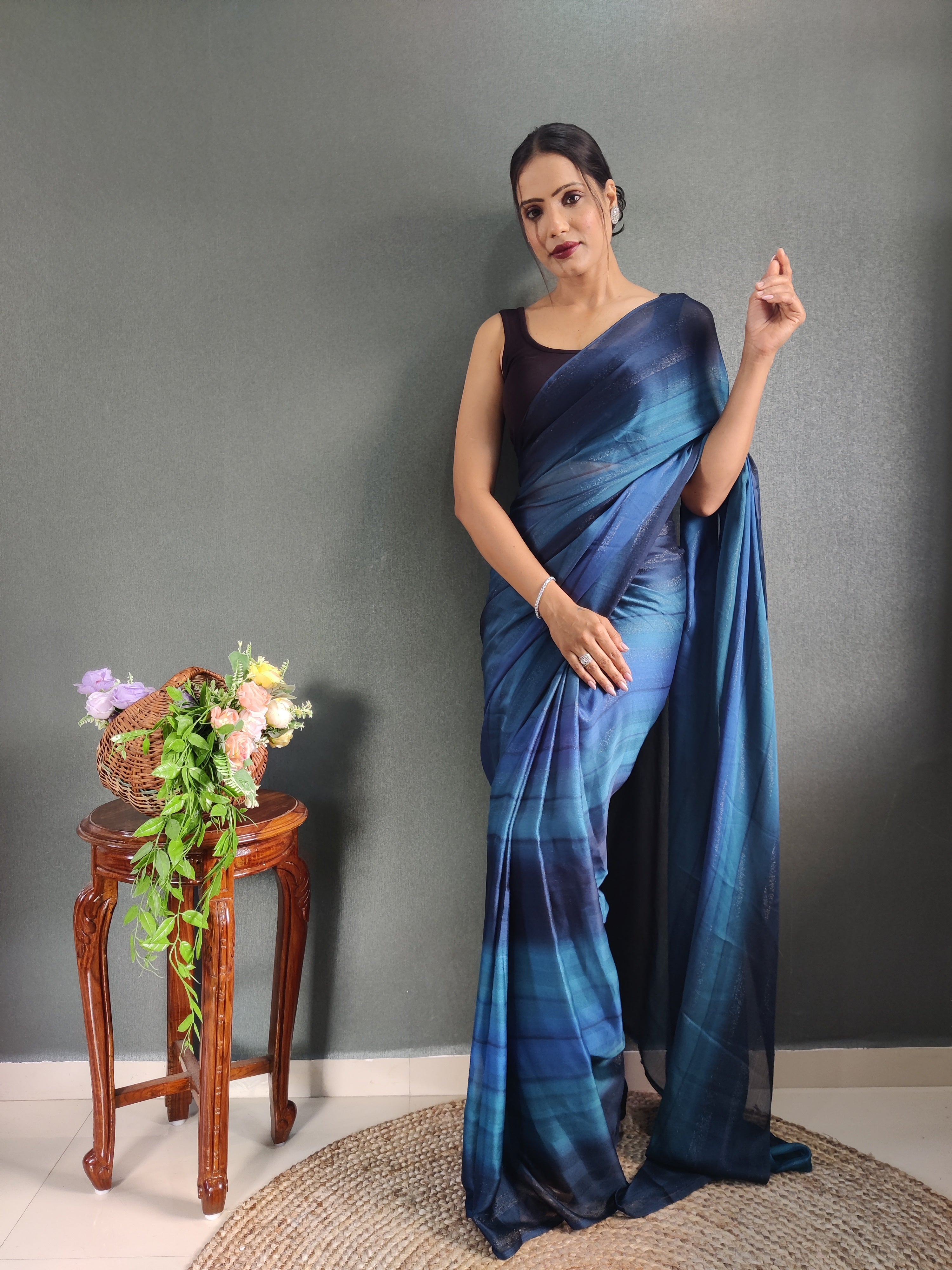 Heer One Minute Ready To Wear Blue-Black Saree With Unstiched Blouse