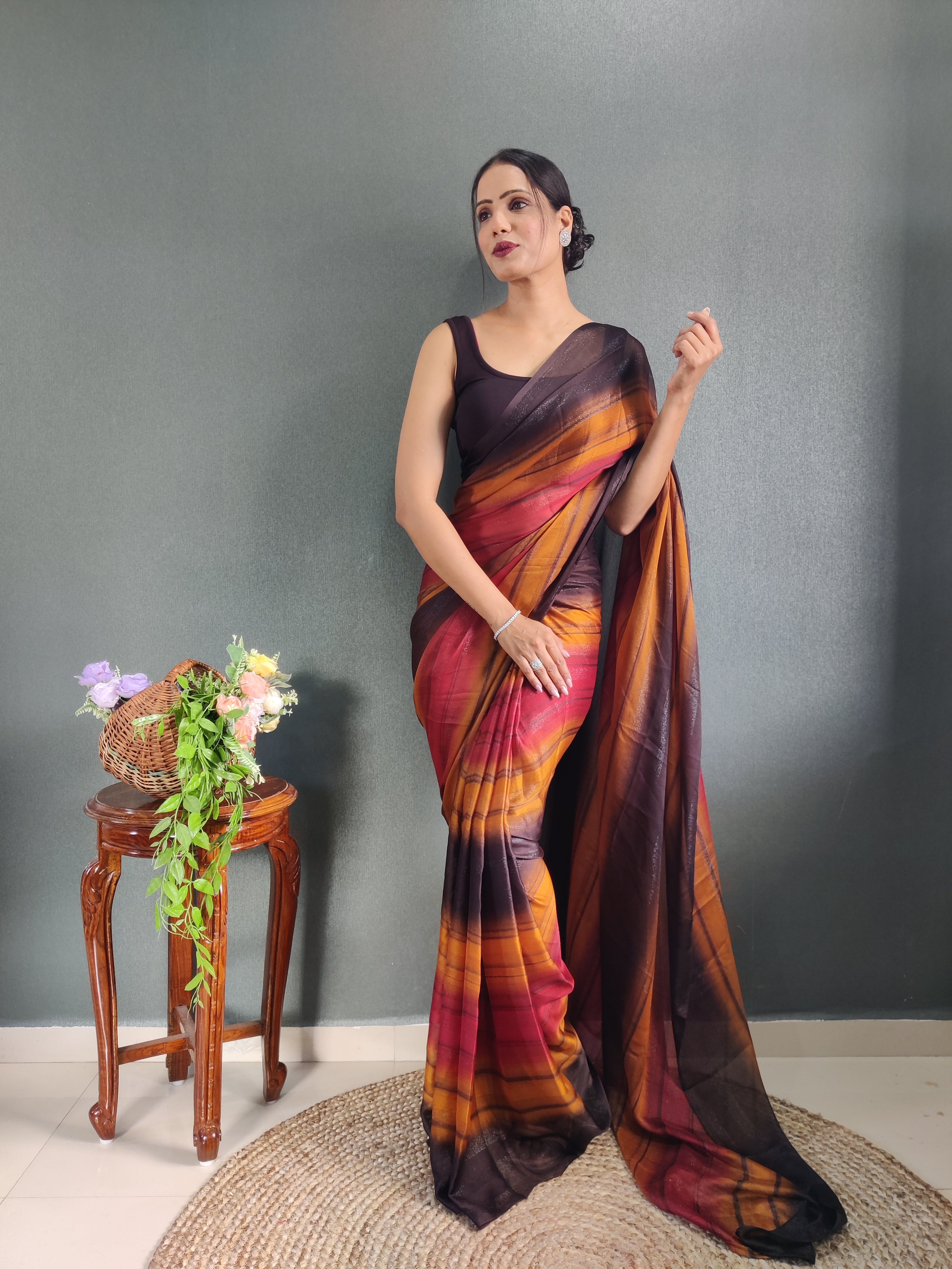 Heer One Minute Ready To Wear Orange-Red Saree With Unstiched Blouse