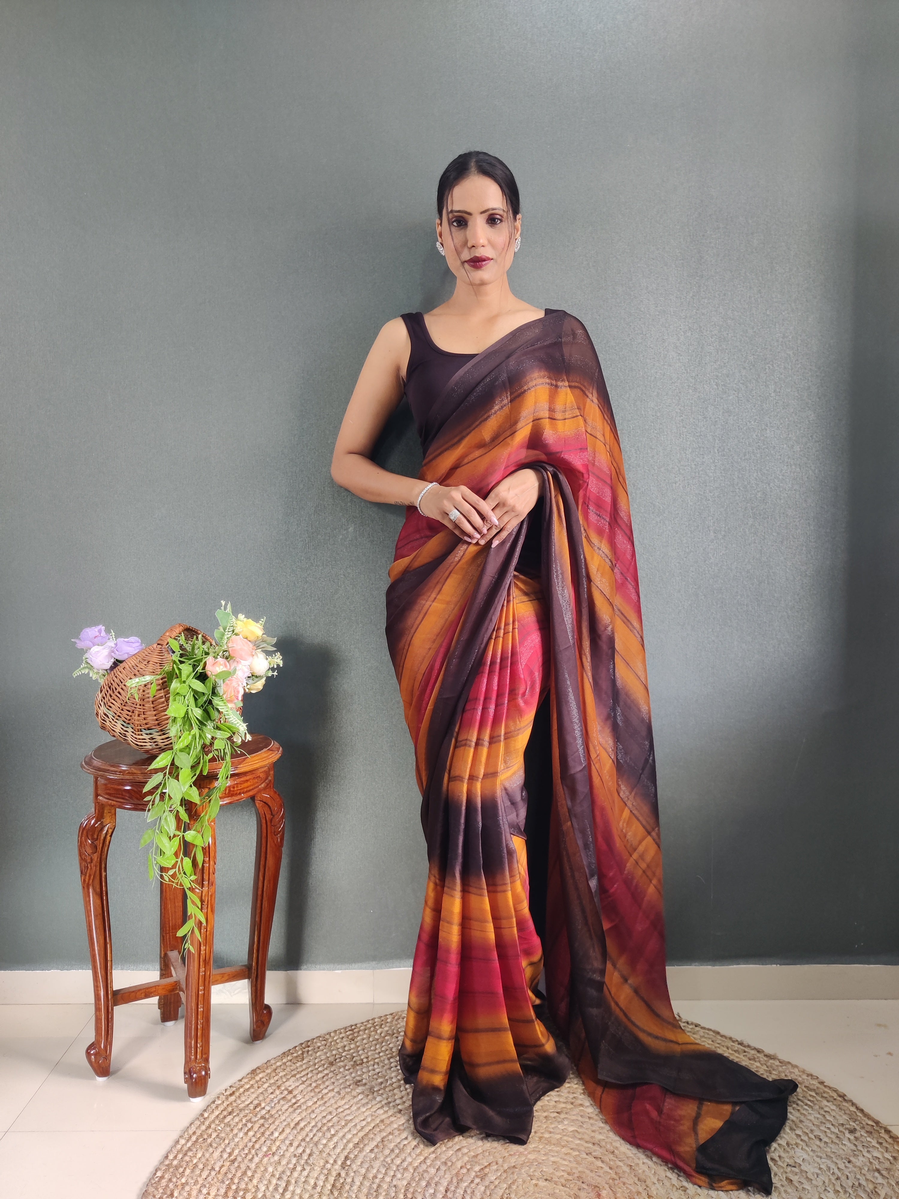 Heer One Minute Ready To Wear Orange-Red Saree With Unstiched Blouse