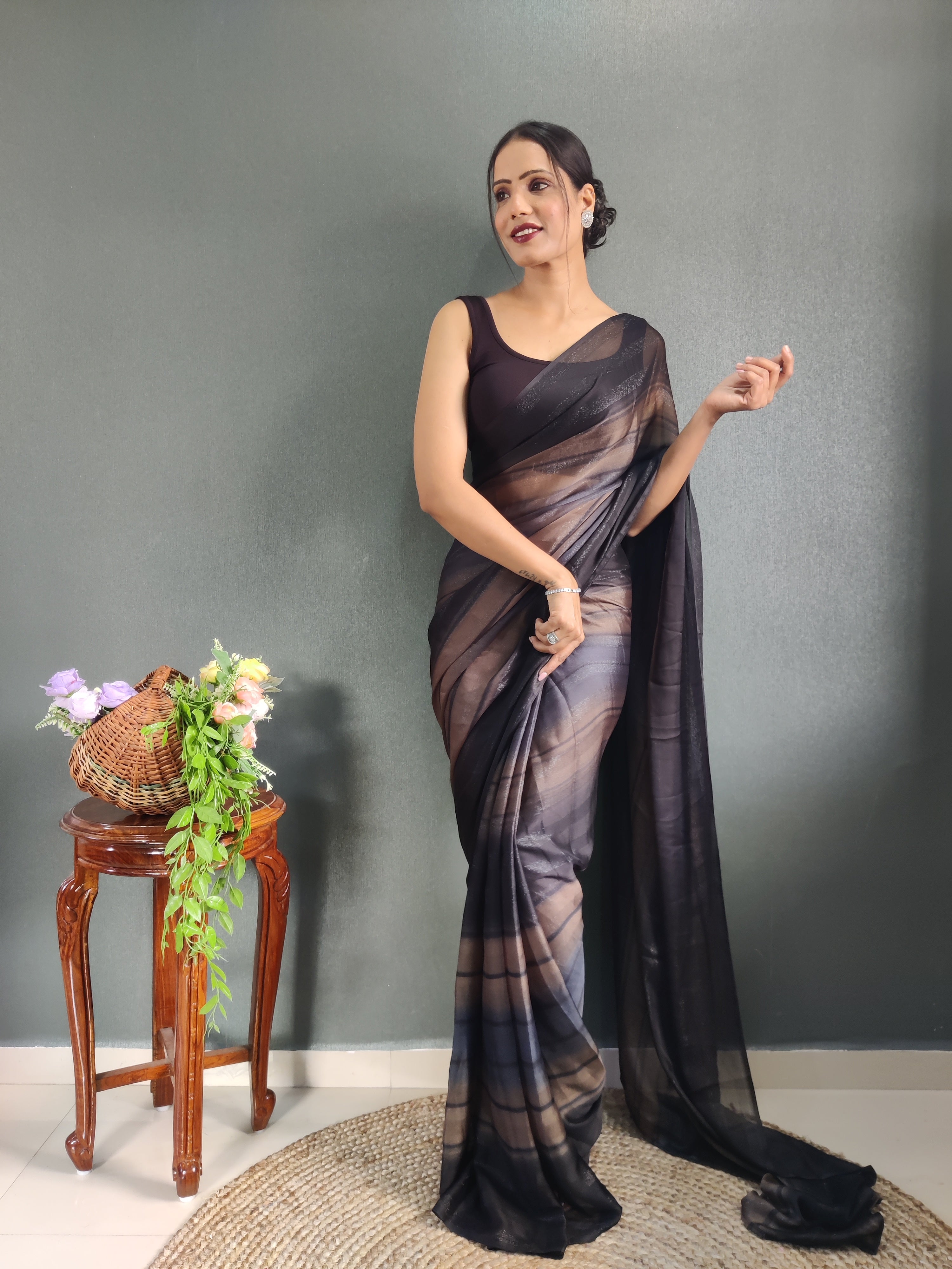 Heer One Minute Ready To Wear Chocolate Brown-Black Saree With Unstiched Blouse