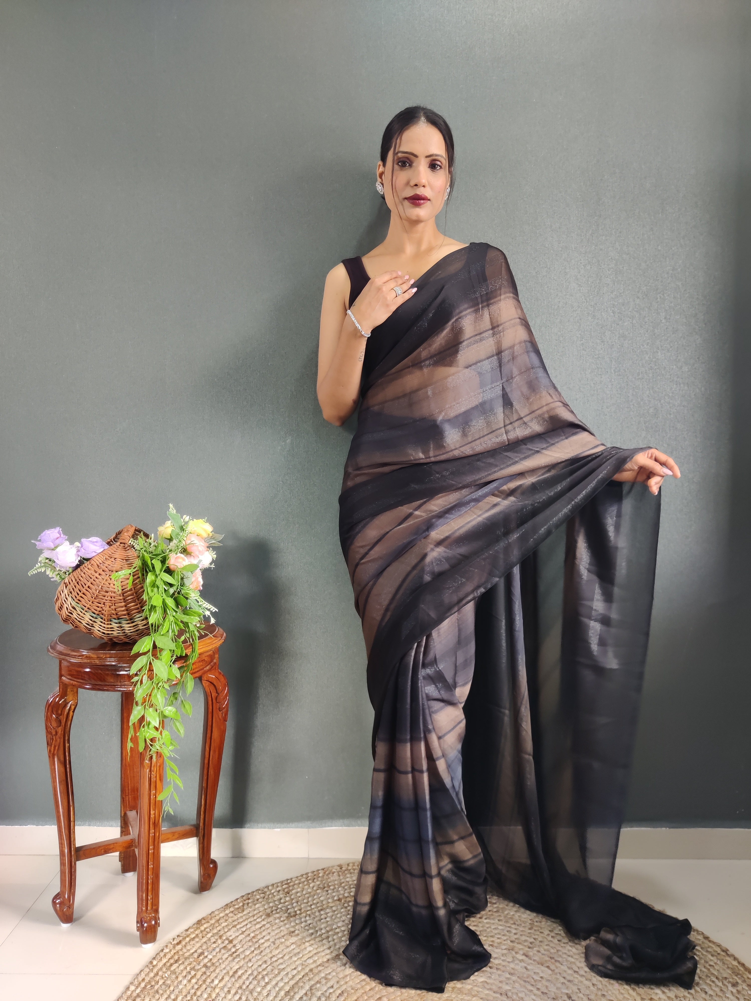 Heer One Minute Ready To Wear Chocolate Brown-Black Saree With Unstiched Blouse