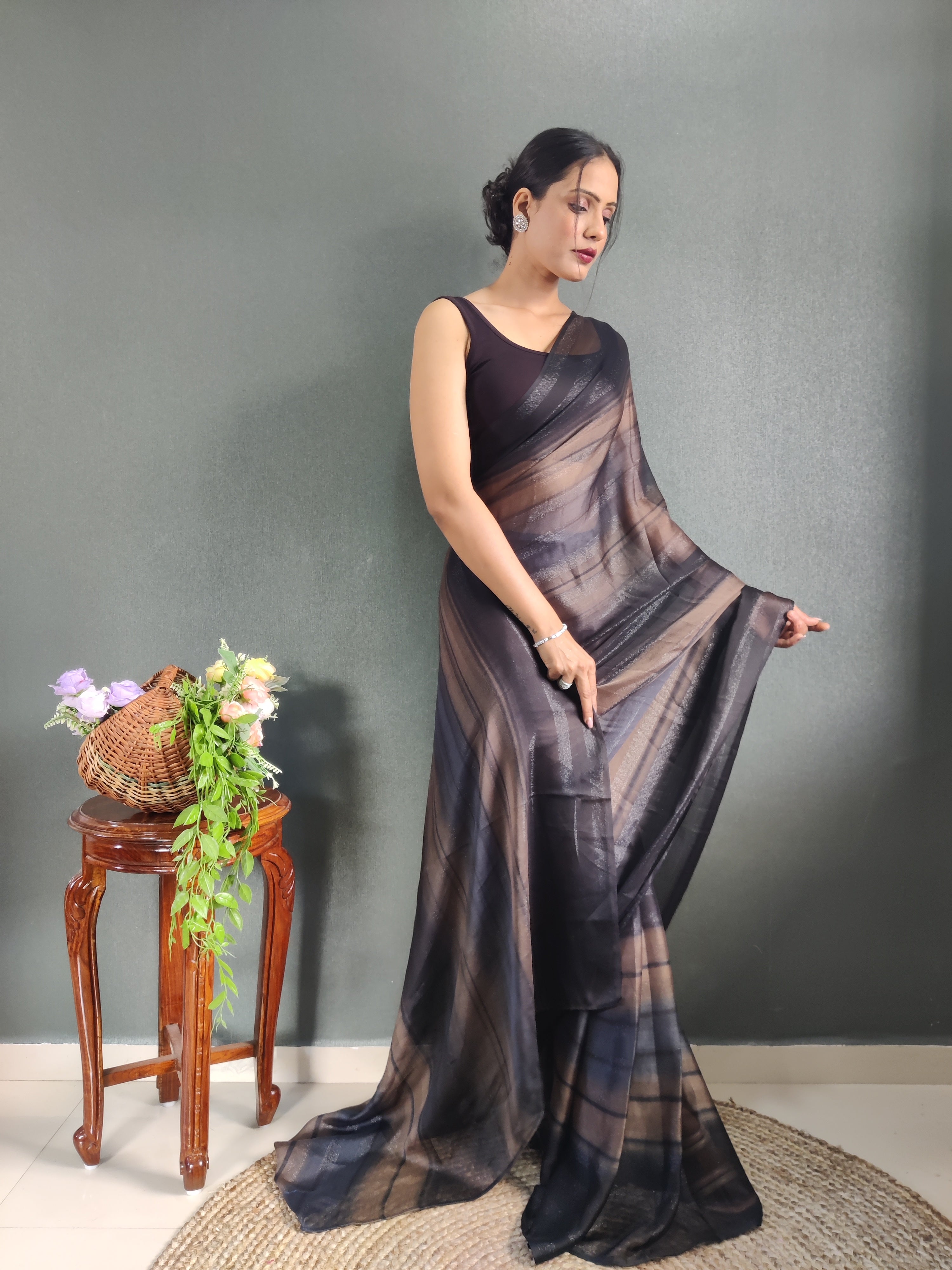 Heer One Minute Ready To Wear Chocolate Brown-Black Saree With Unstiched Blouse