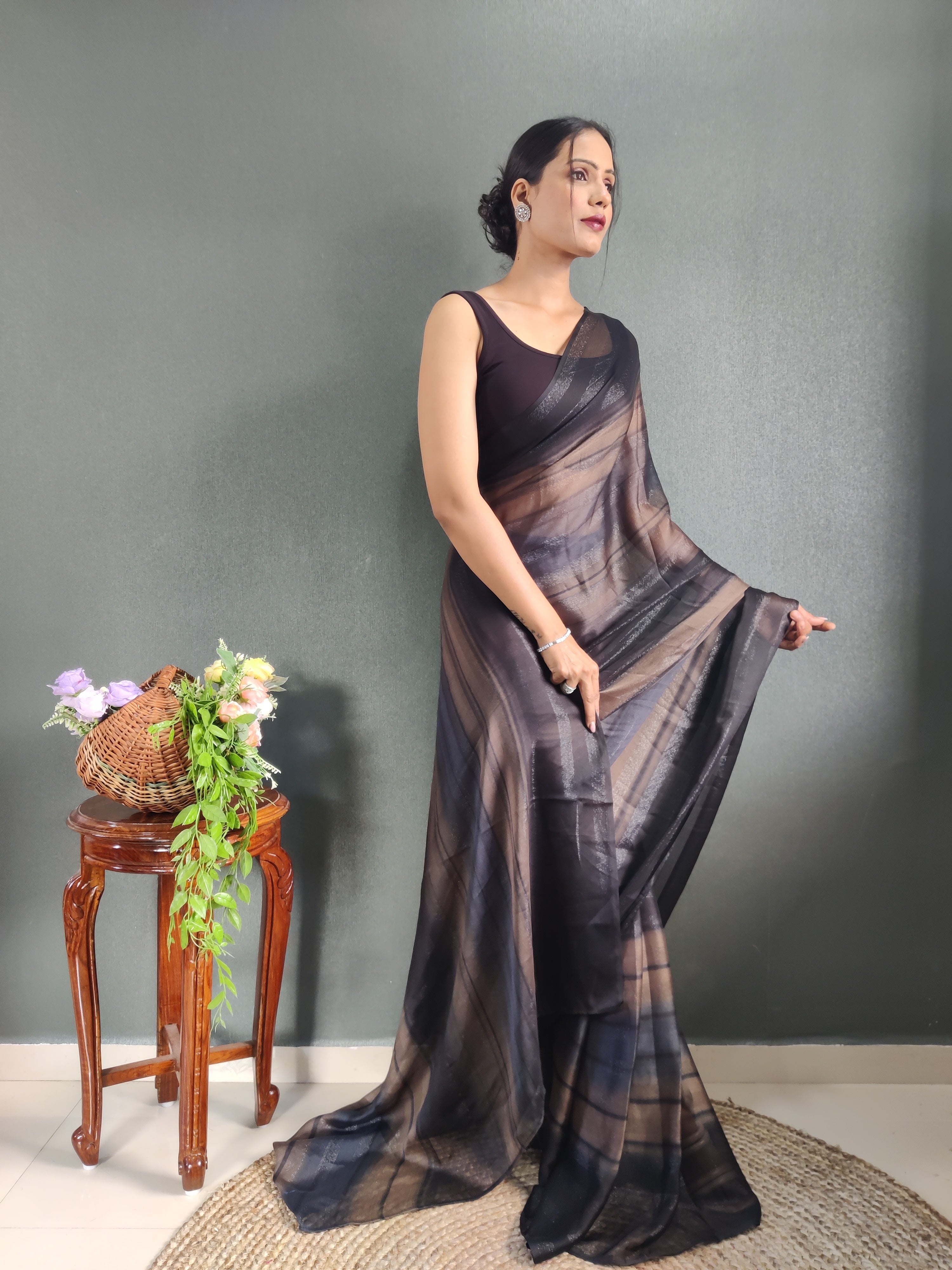 Heer One Minute Ready To Wear Chocolate Brown-Black Saree With Unstiched Blouse