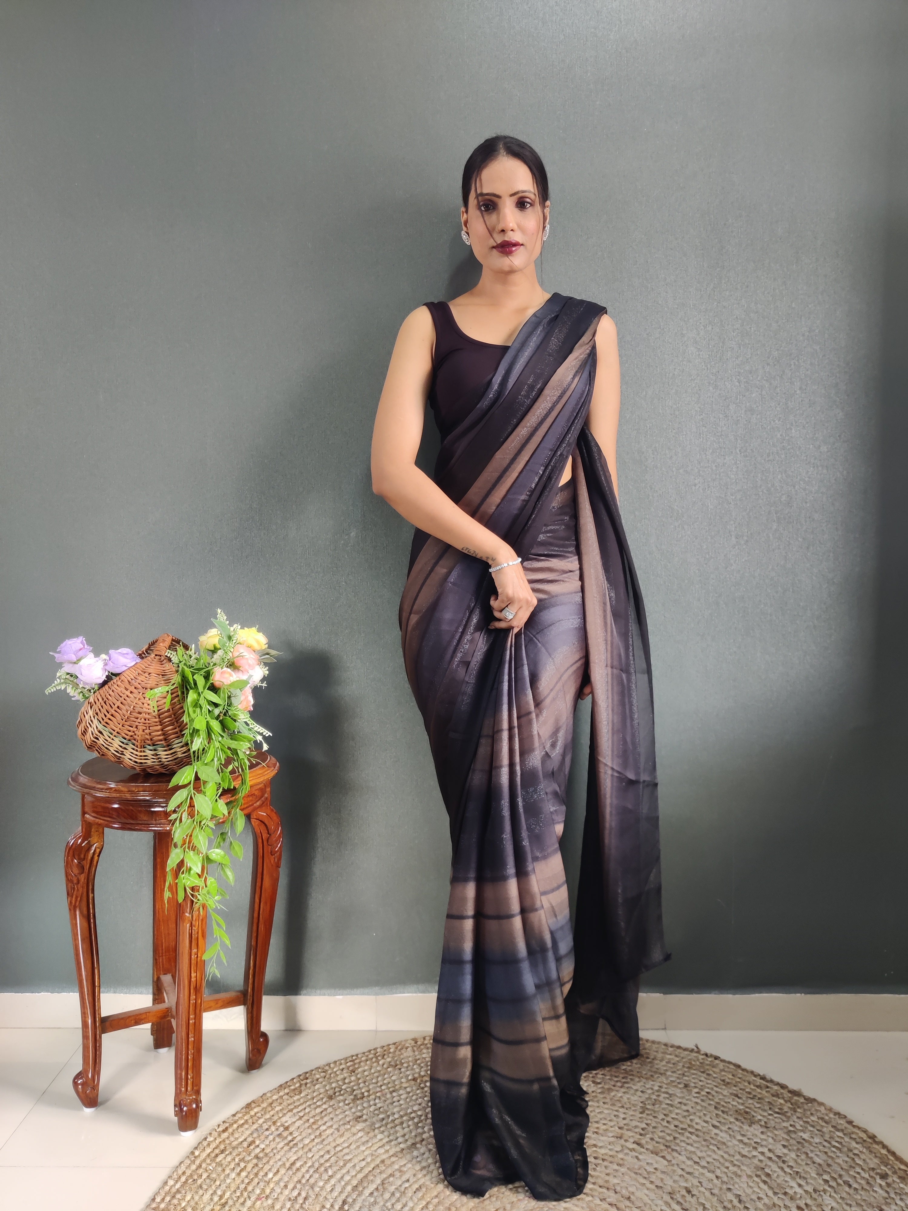 Heer One Minute Ready To Wear Chocolate Brown-Black Saree With Unstiched Blouse