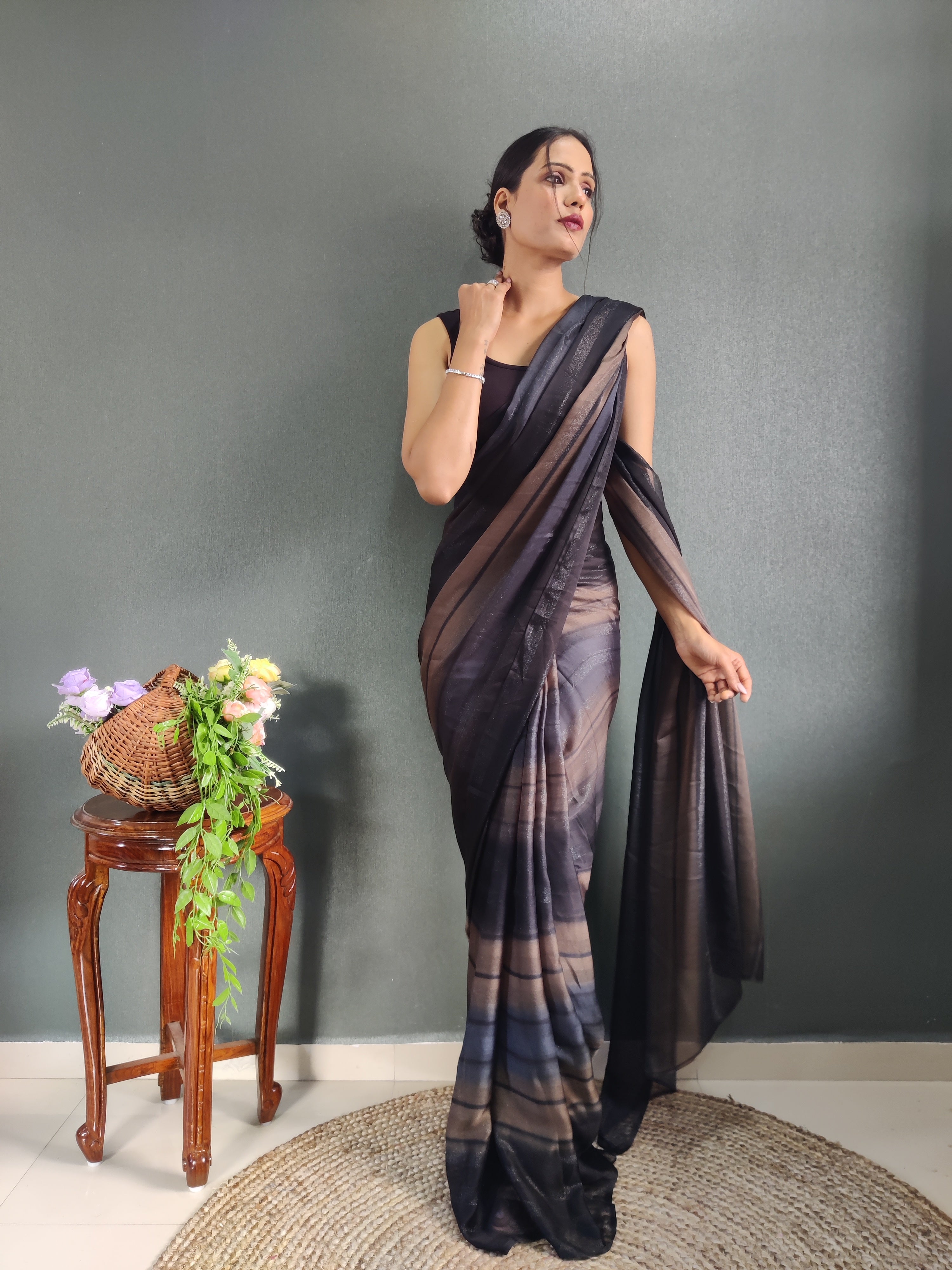 Heer One Minute Ready To Wear Chocolate Brown-Black Saree With Unstiched Blouse