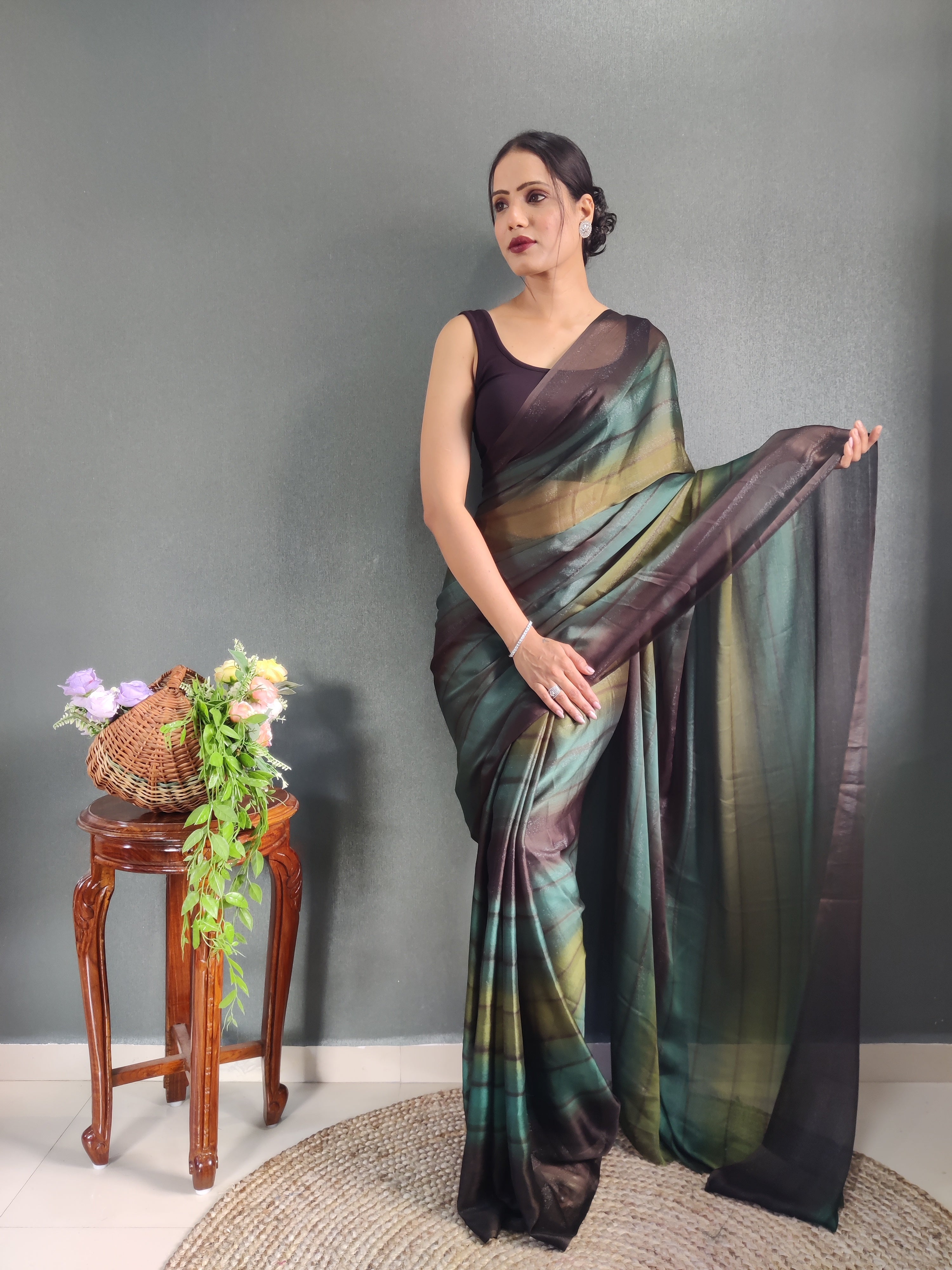 Heer One Minute Ready To Wear Chocolate Brown-Black Saree With Unstiched Blouse