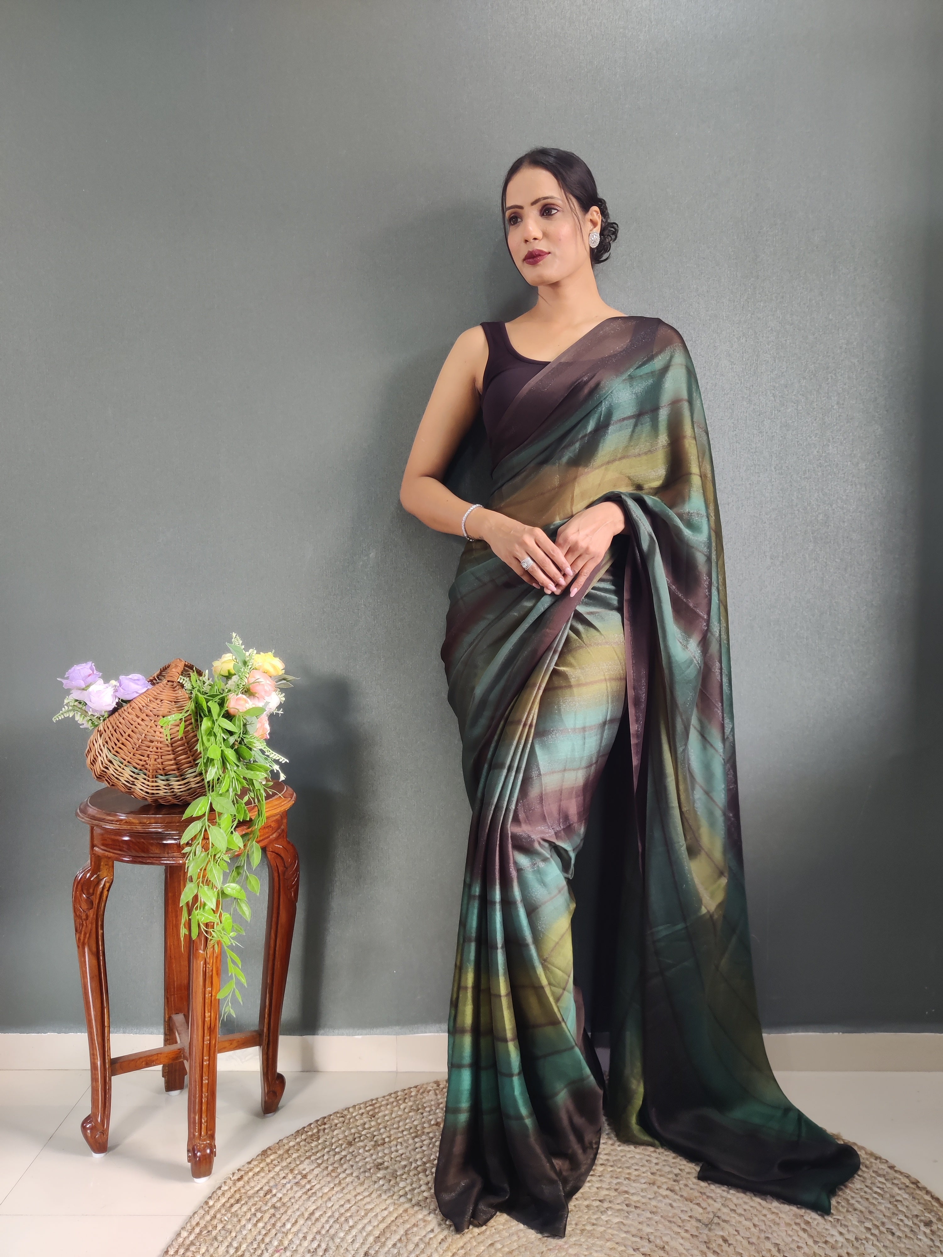 Heer One Minute Ready To Wear Chocolate Brown-Black Saree With Unstiched Blouse