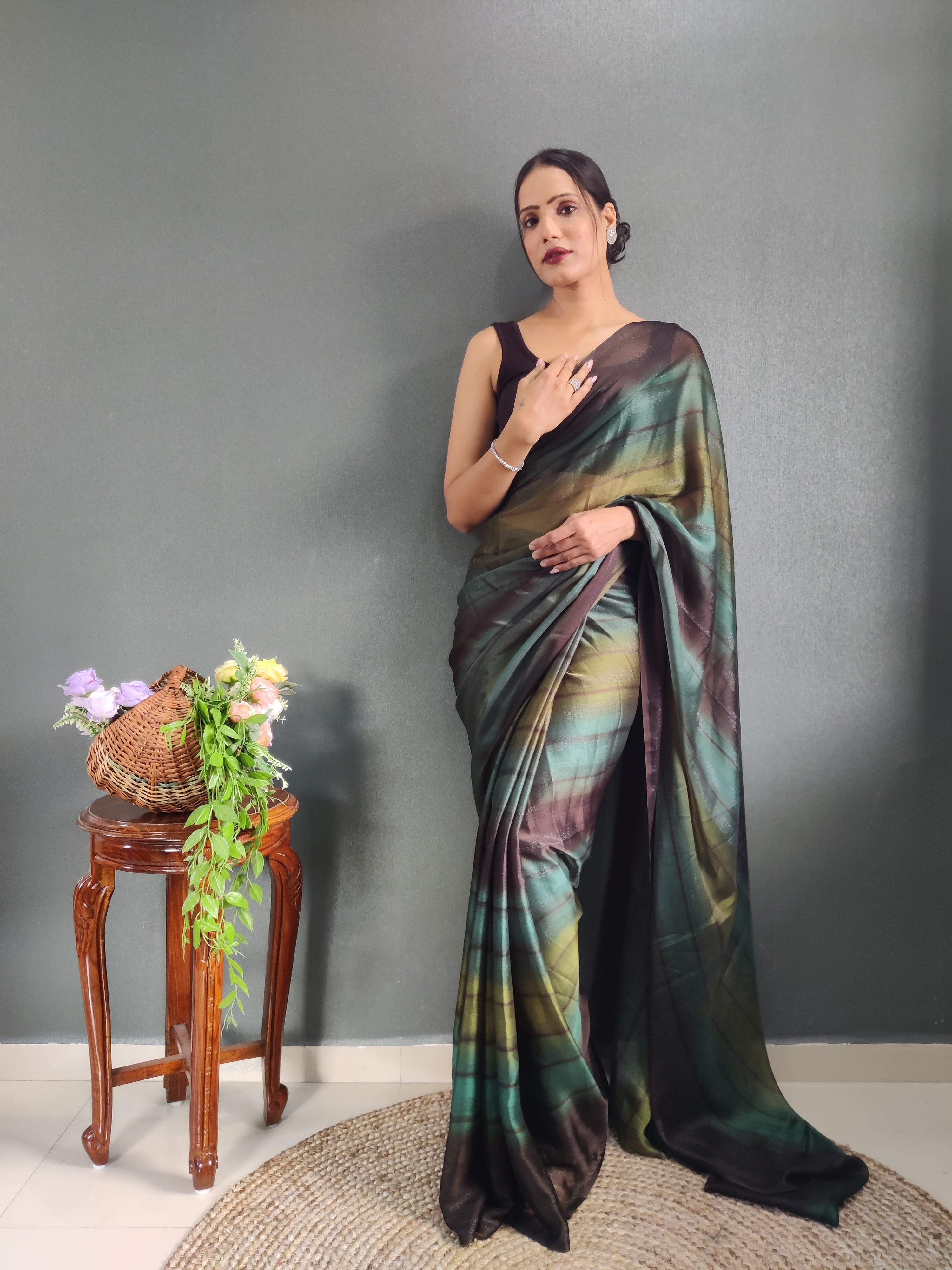 Heer One Minute Ready To Wear Chocolate Brown-Black Saree With Unstiched Blouse