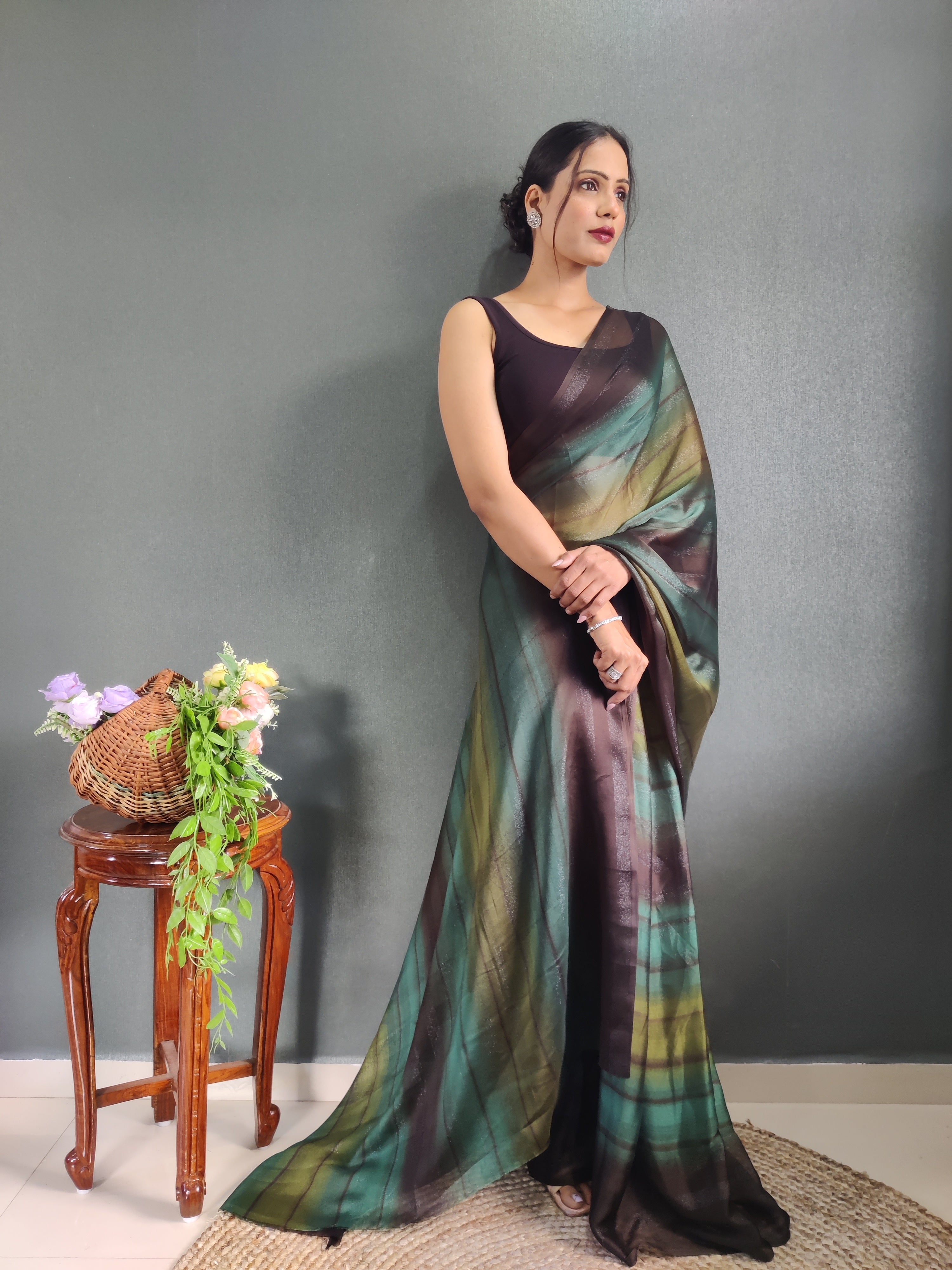 Heer One Minute Ready To Wear Chocolate Brown-Black Saree With Unstiched Blouse