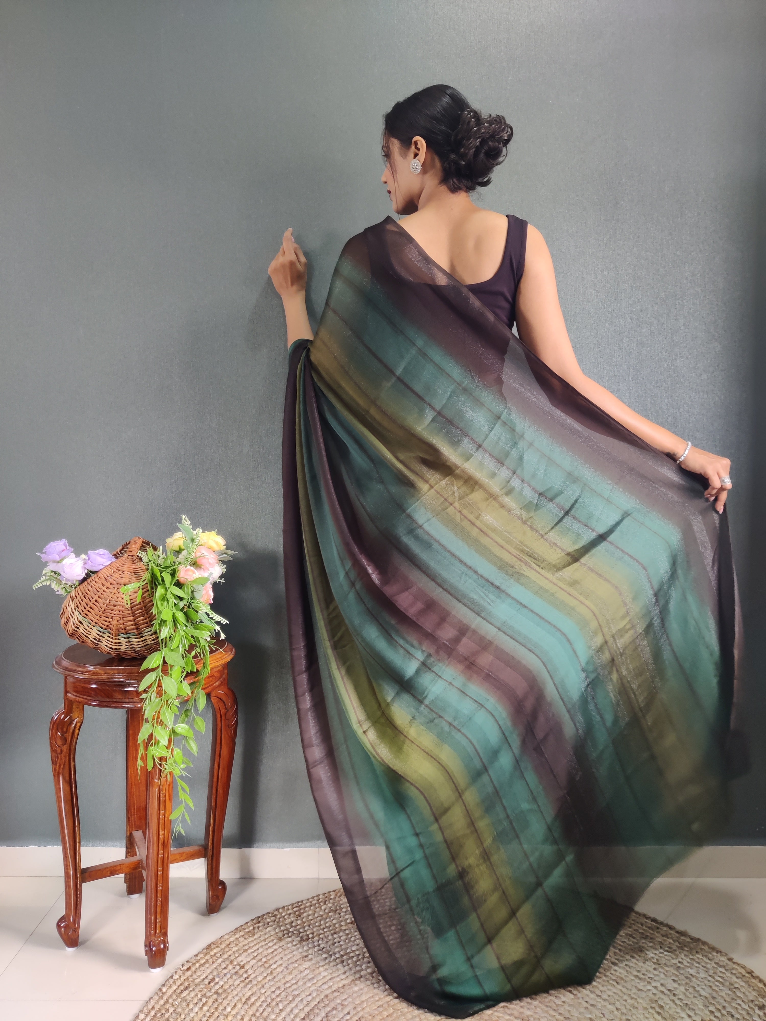 Heer One Minute Ready To Wear Chocolate Brown-Black Saree With Unstiched Blouse